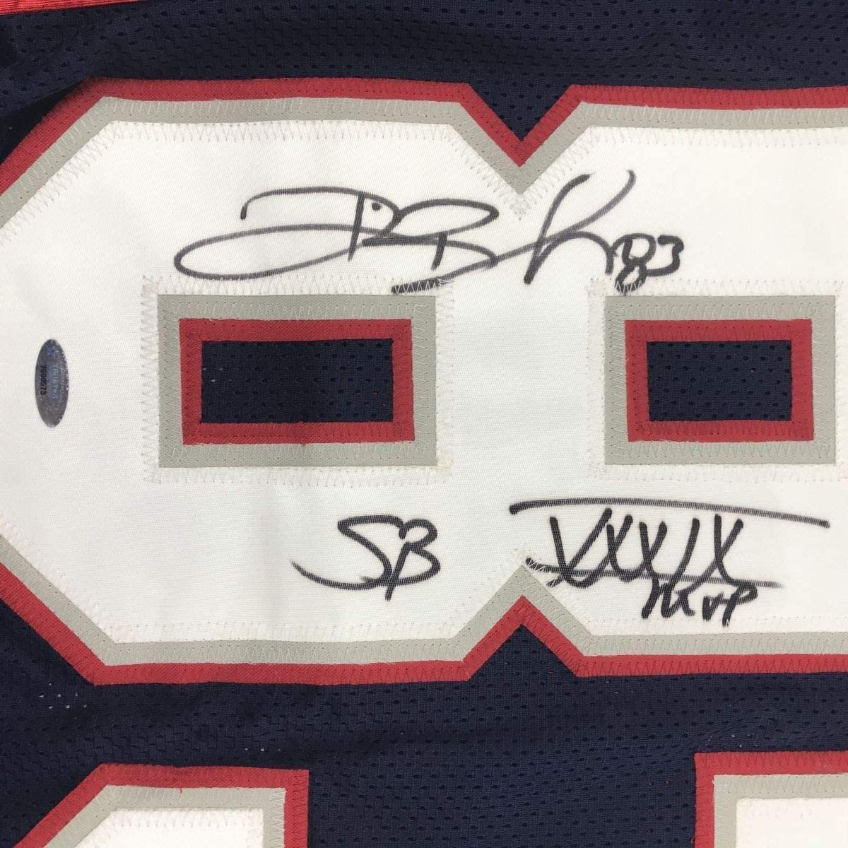Framed Autographed/Signed Deion Branch 35x39 Super Bowl XXXIX MVP New England Blue Football Jersey Tristar COA