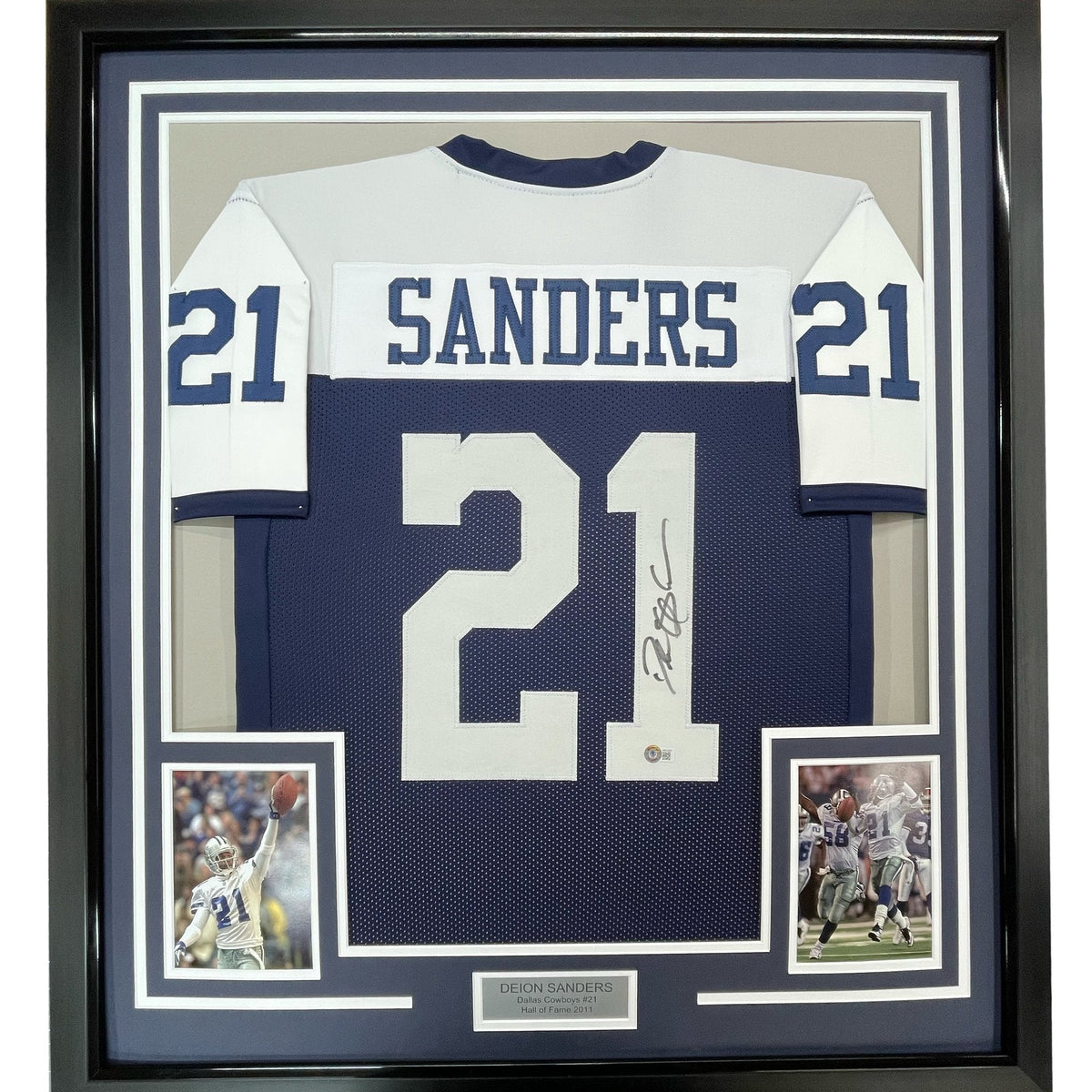 Framed Autographed/Signed Deion Sanders 35x39 Dallas Thanksgiving Day Football Jersey Beckett BAS COA