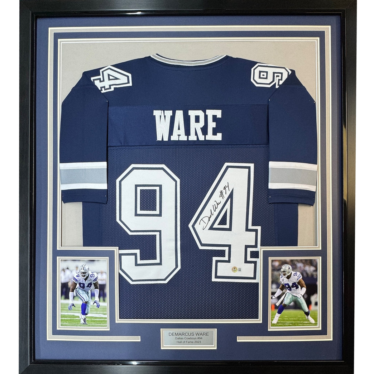 Framed Autographed/Signed Demarcus Ware 35x39 Dallas Blue Football Jersey Beckett BAS COA