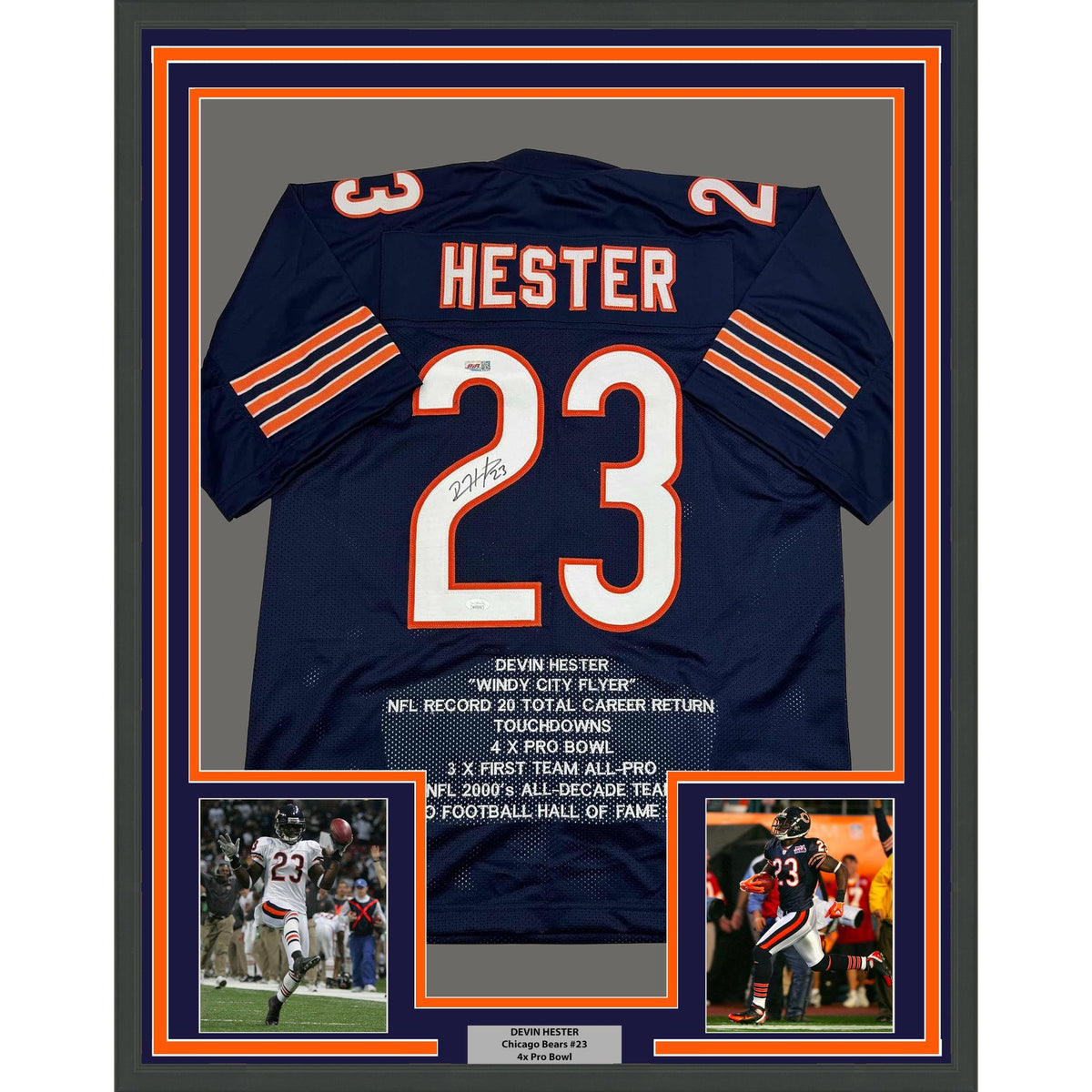 Framed Autographed/Signed Devin Hester 35x39 Chicago Blue Stat Football Jersey JSA COA