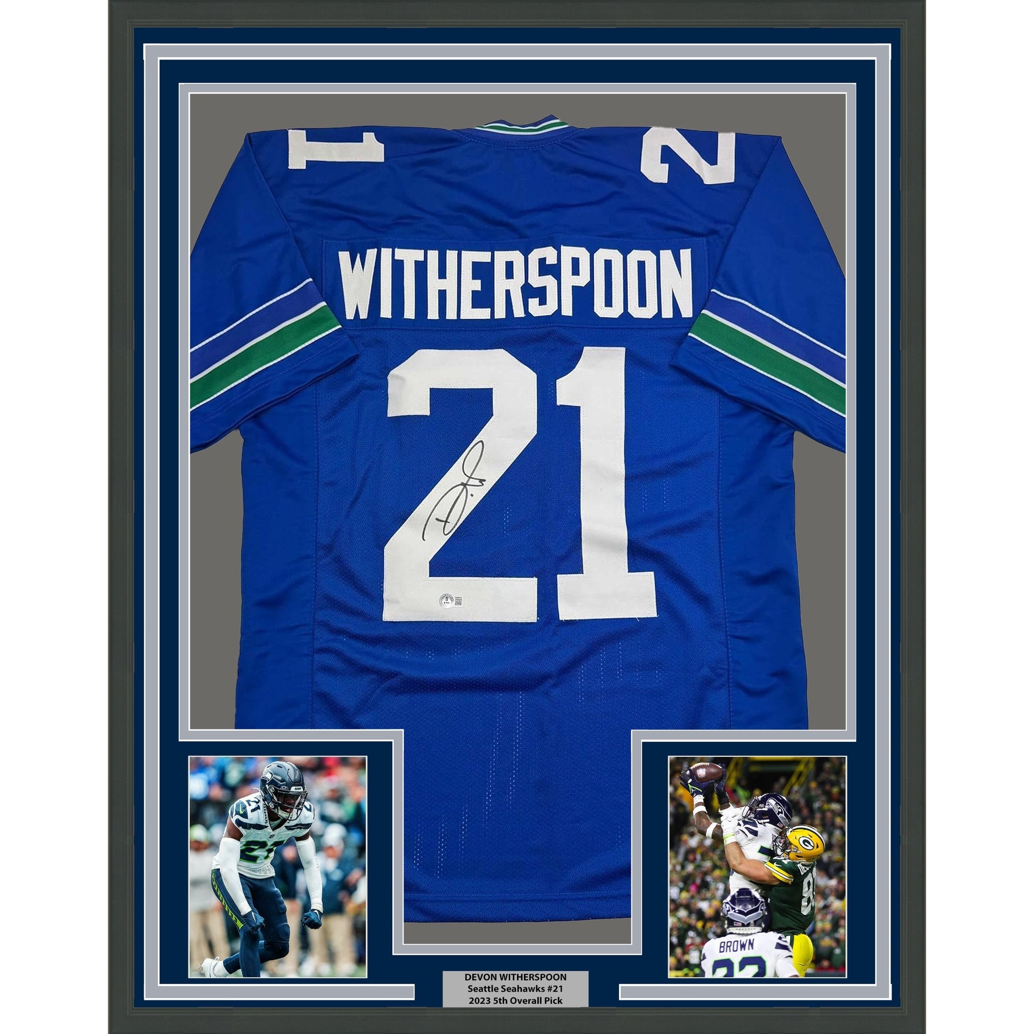 Framed Autographed/Signed Devon Witherspoon 35x39 Seattle Blue Retro Football Jersey Beckett BAS COA