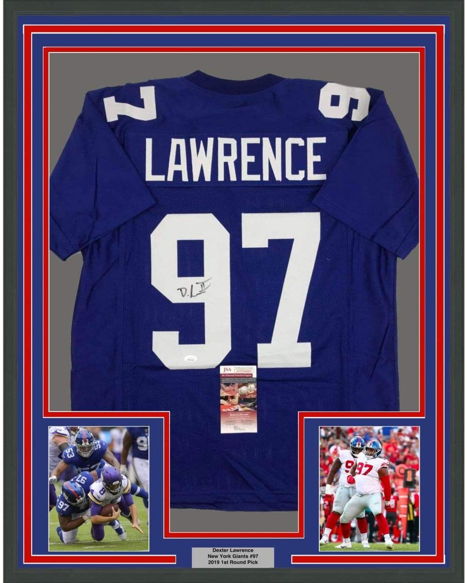 Framed Autographed/Signed Dexter Lawrence 35x39 New York Blue Football Jersey JSA COA