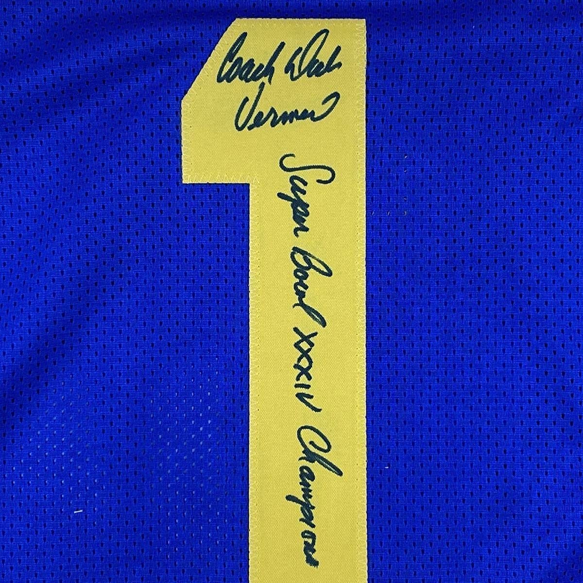 Framed Autographed/Signed Dick Vermeil 35x39 Super Bowl XXXIV St. Louis Royal Blue Football Jersey JSA COA