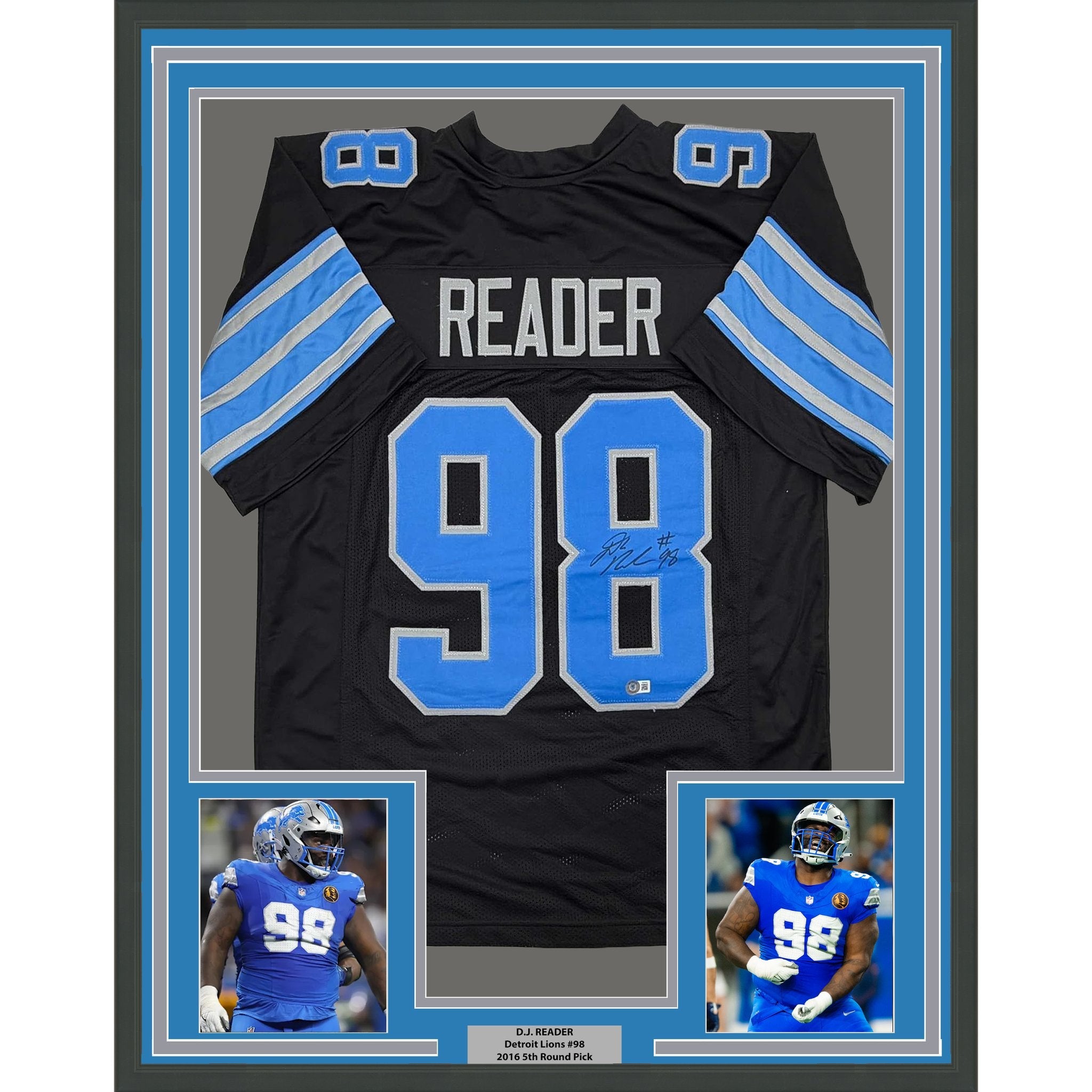 Framed Autographed/Signed D.J. DJ Reader 35x39 Detroit Black Football Jersey Beckett BAS COA