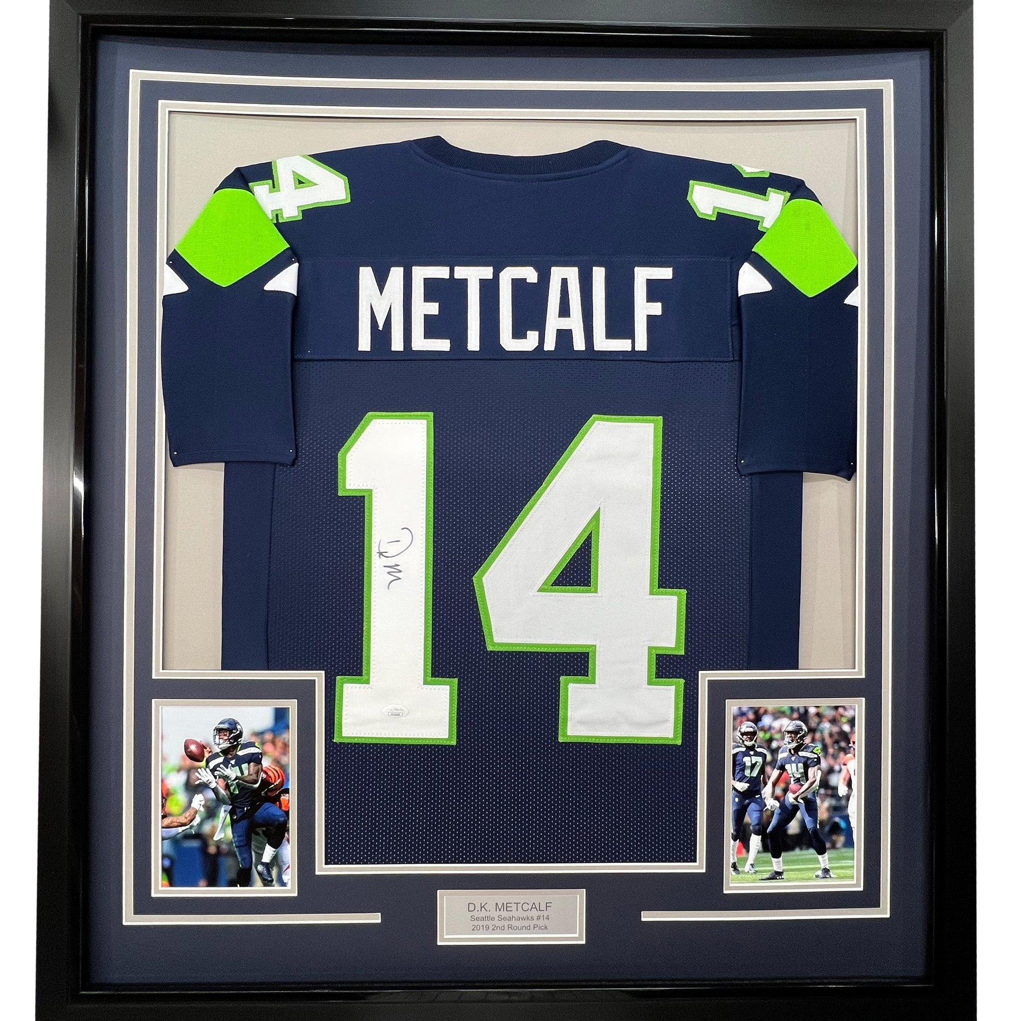 Framed Autographed/Signed DK D.K. Metcalf 35x39 Seattle Blue Football Jersey JSA COA #2