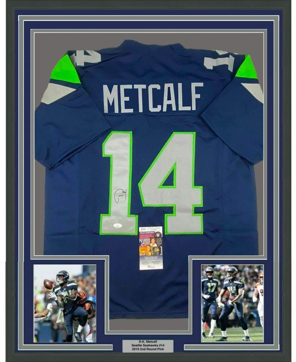 Framed Autographed/Signed DK D.K. Metcalf 35x39 Seattle Blue Football Jersey JSA COA #3