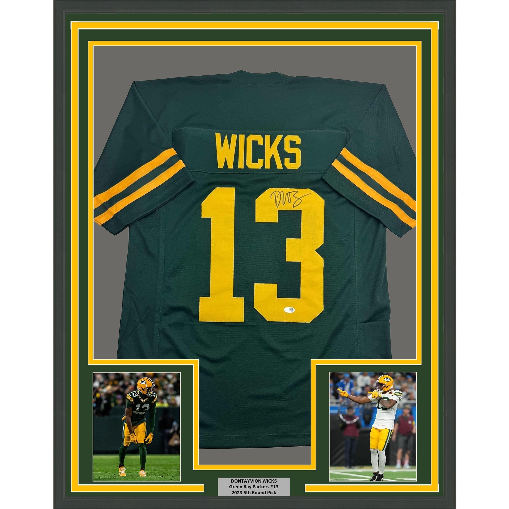Framed Autographed/Signed Dontayvion Wicks 35x39 Green Bay Color Rush Football Jersey JSA COA