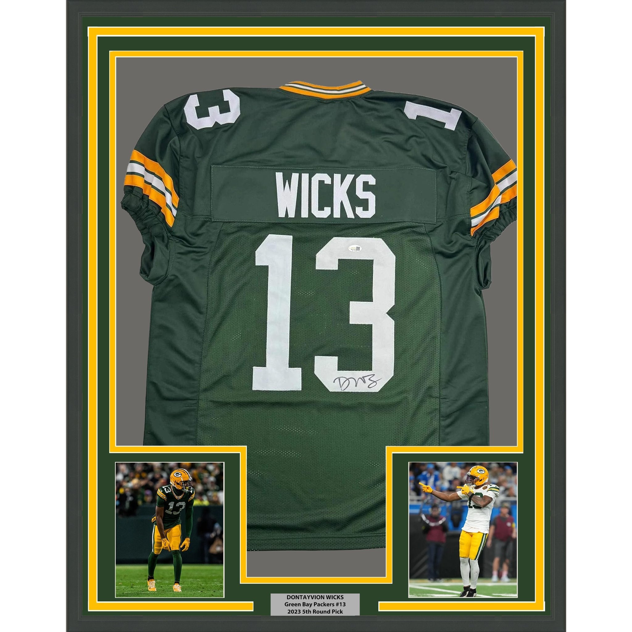 Framed Autographed/Signed Dontayvion Wicks 35x39 Green Bay Green Football Jersey JSA COA