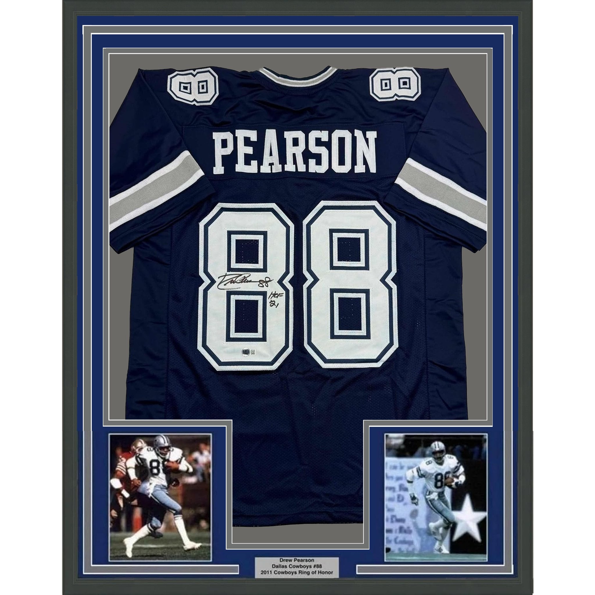 Framed Autographed/Signed Drew Pearson 35x39 Dallas Navy Football Jersey Beckett BAS COA