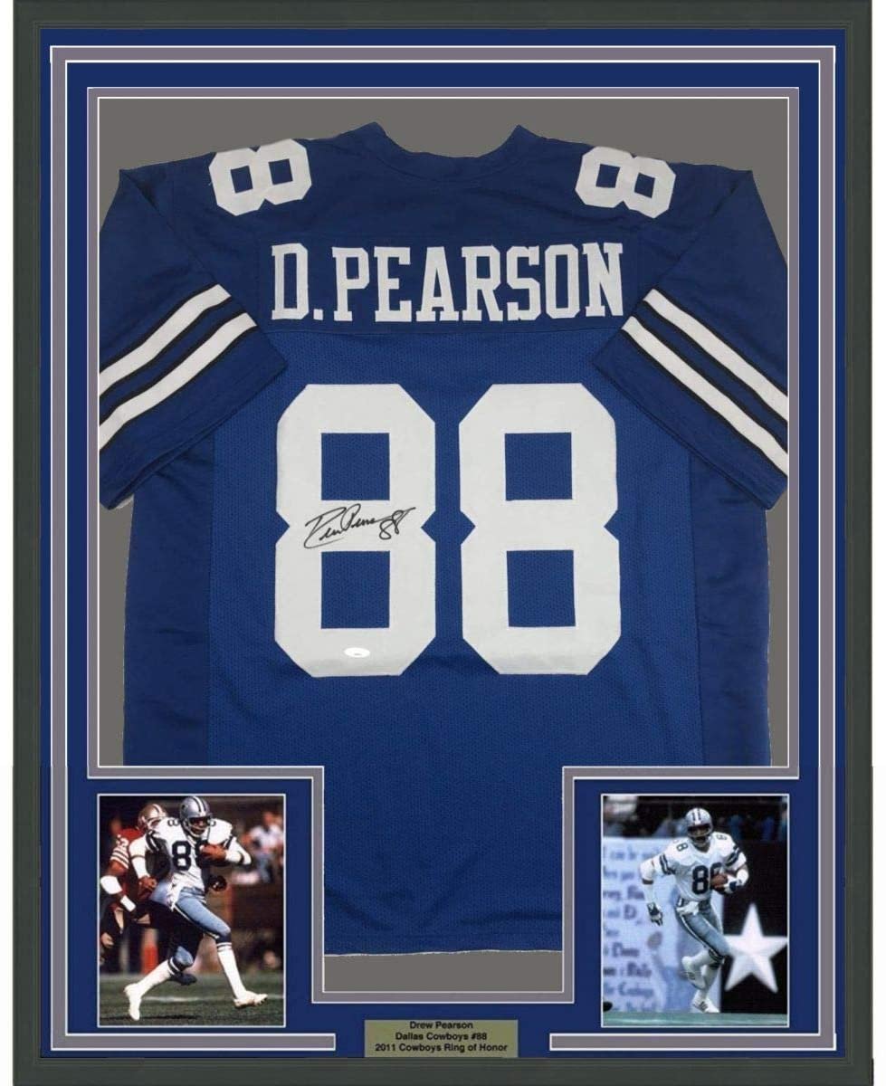 Framed Autographed/Signed Drew Pearson 35x39 Dallas Blue Football Jersey Tristar COA Holo Only