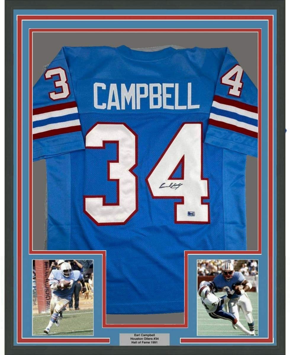 Framed Autographed/Signed Earl Campbell 35x39 Houston Blue Football Jersey Athlete Hologram COA
