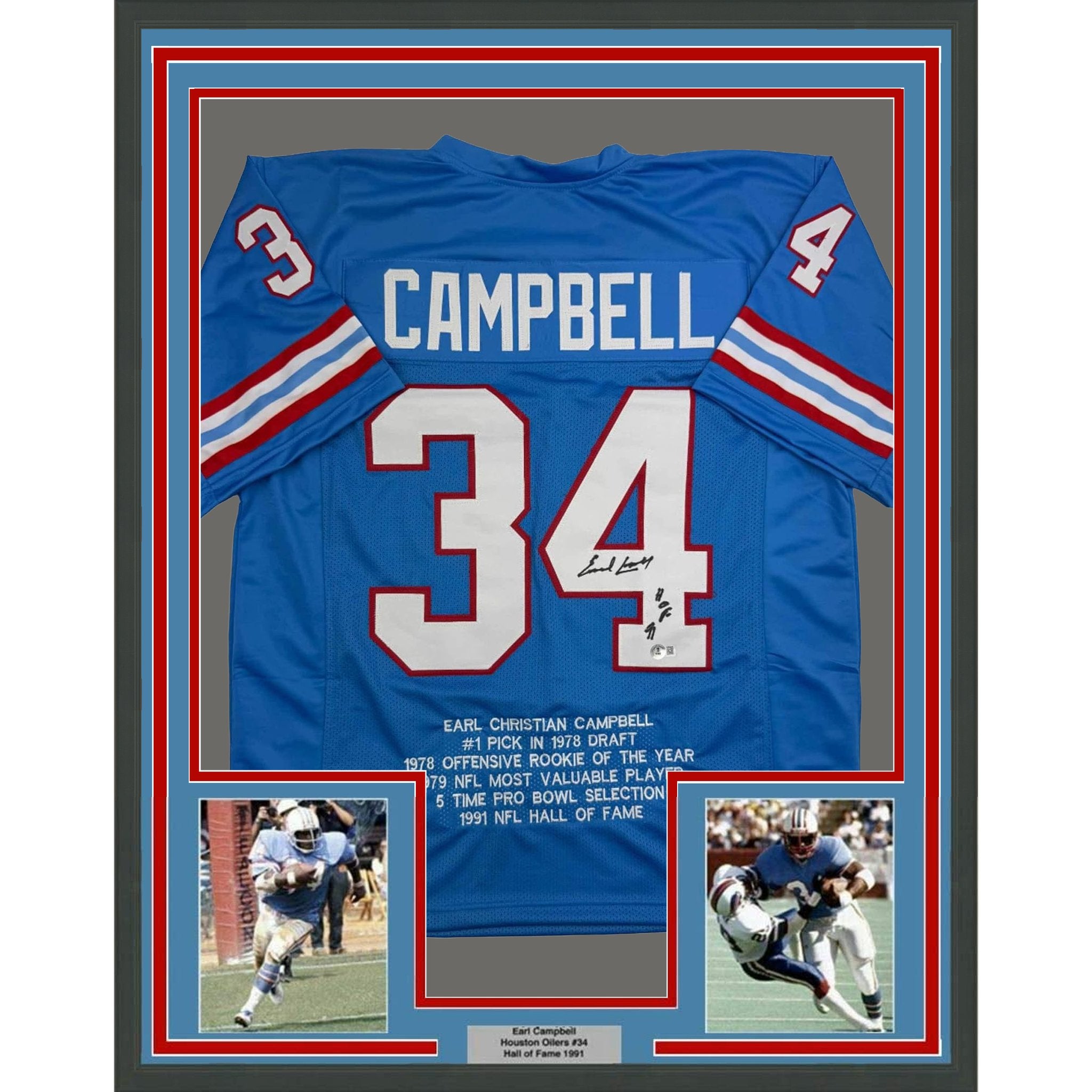 Framed Autographed/Signed Earl Campbell HOF 91 35x39 Houston Blue Stat Football Jersey JSA COA