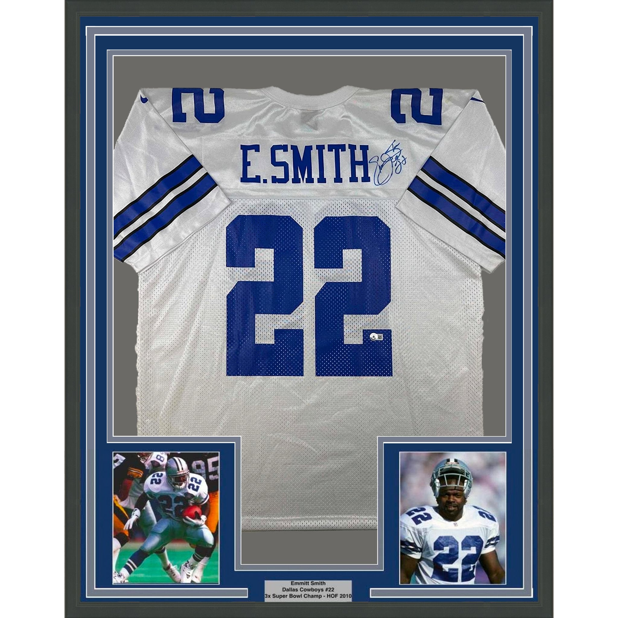 Framed Autographed/Signed Emmitt Smith 35x39 Dallas White Football Jersey Beckett BAS COA