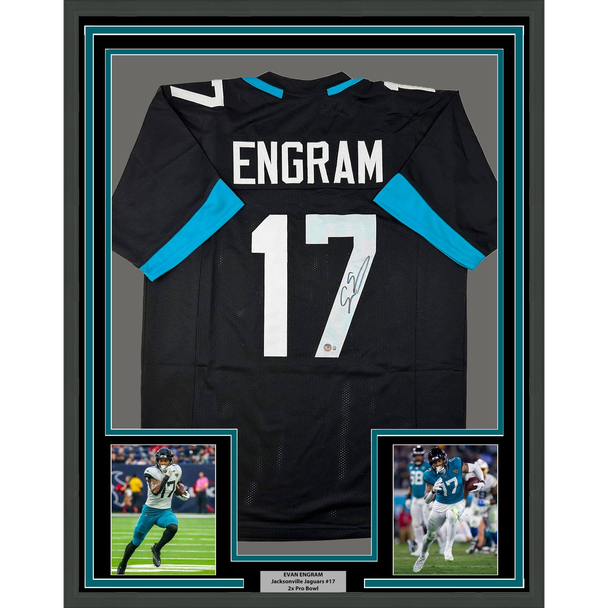 Framed Autographed/Signed Evan Engram 35x39 Jacksonville Black Football Jersey Beckett BAS COA