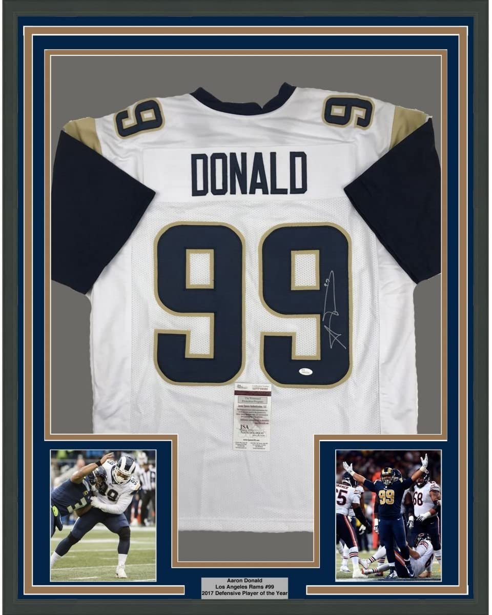 Framed Autographed/Signed Aaron Donald 35x39 Los Angeles LA White Football Jersey JSA COA
