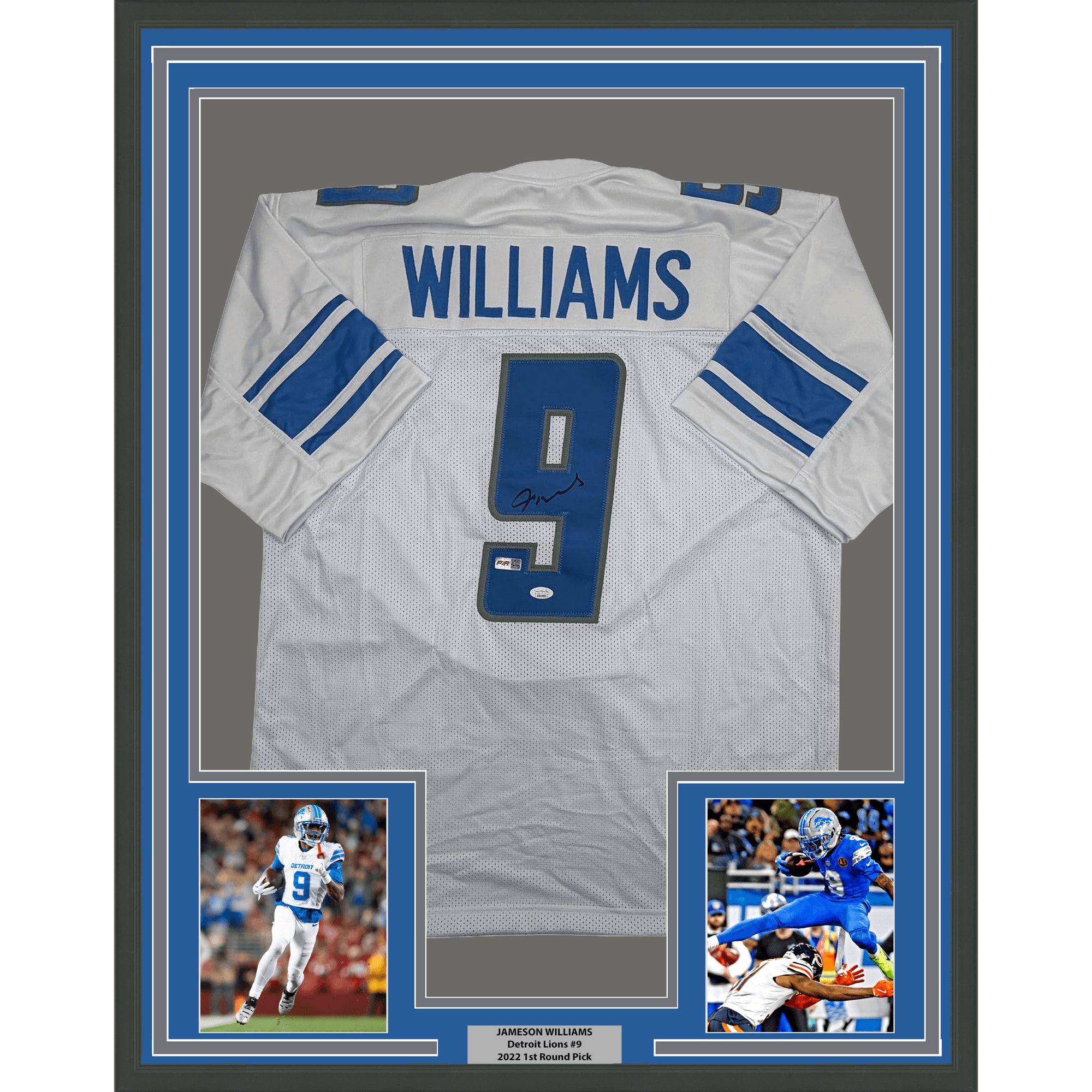 Framed Autographed/Signed Jameson Williams 35x39 Detroit White Football Jersey JSA COA