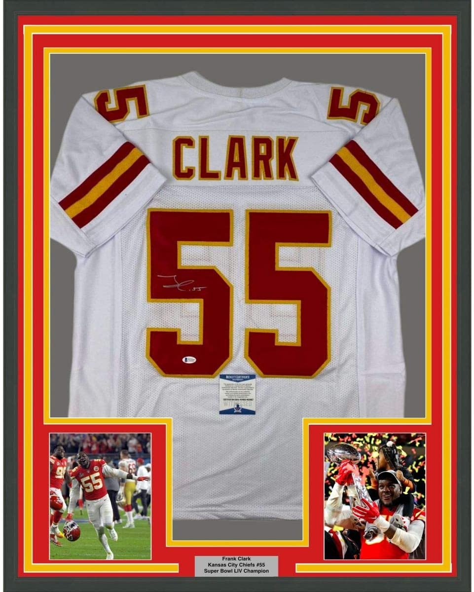 Framed Autographed/Signed Frank Clark 35x39 Kansas City White Football Jersey PSA/DNA COA