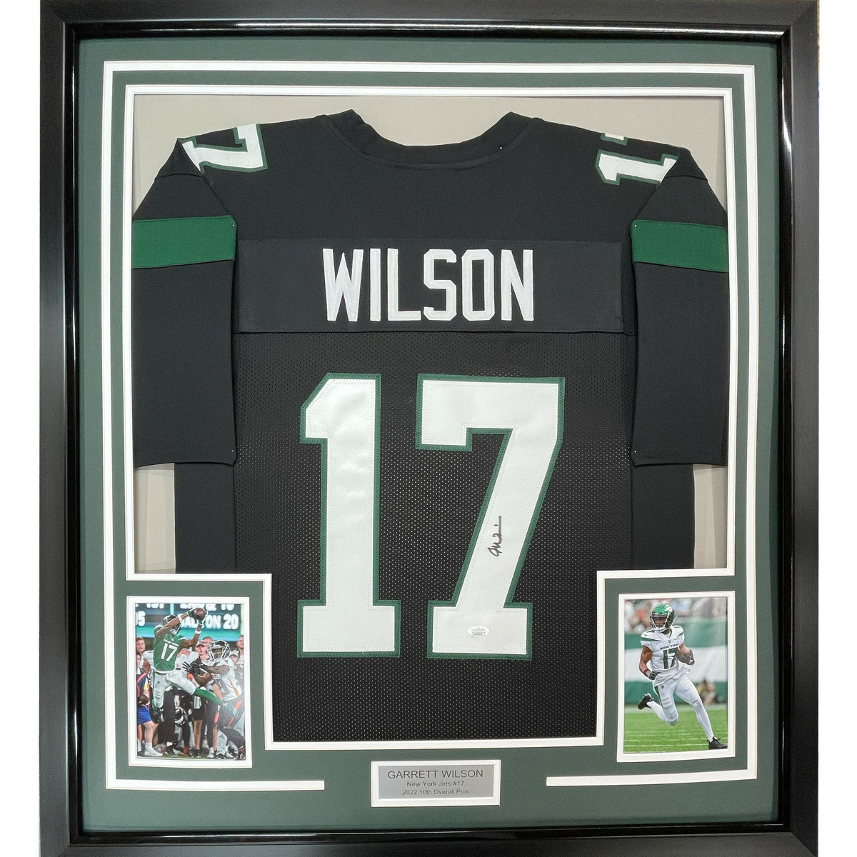Framed Autographed/Signed Garrett Wilson 35x39 New York Black Football Jersey JSA COA