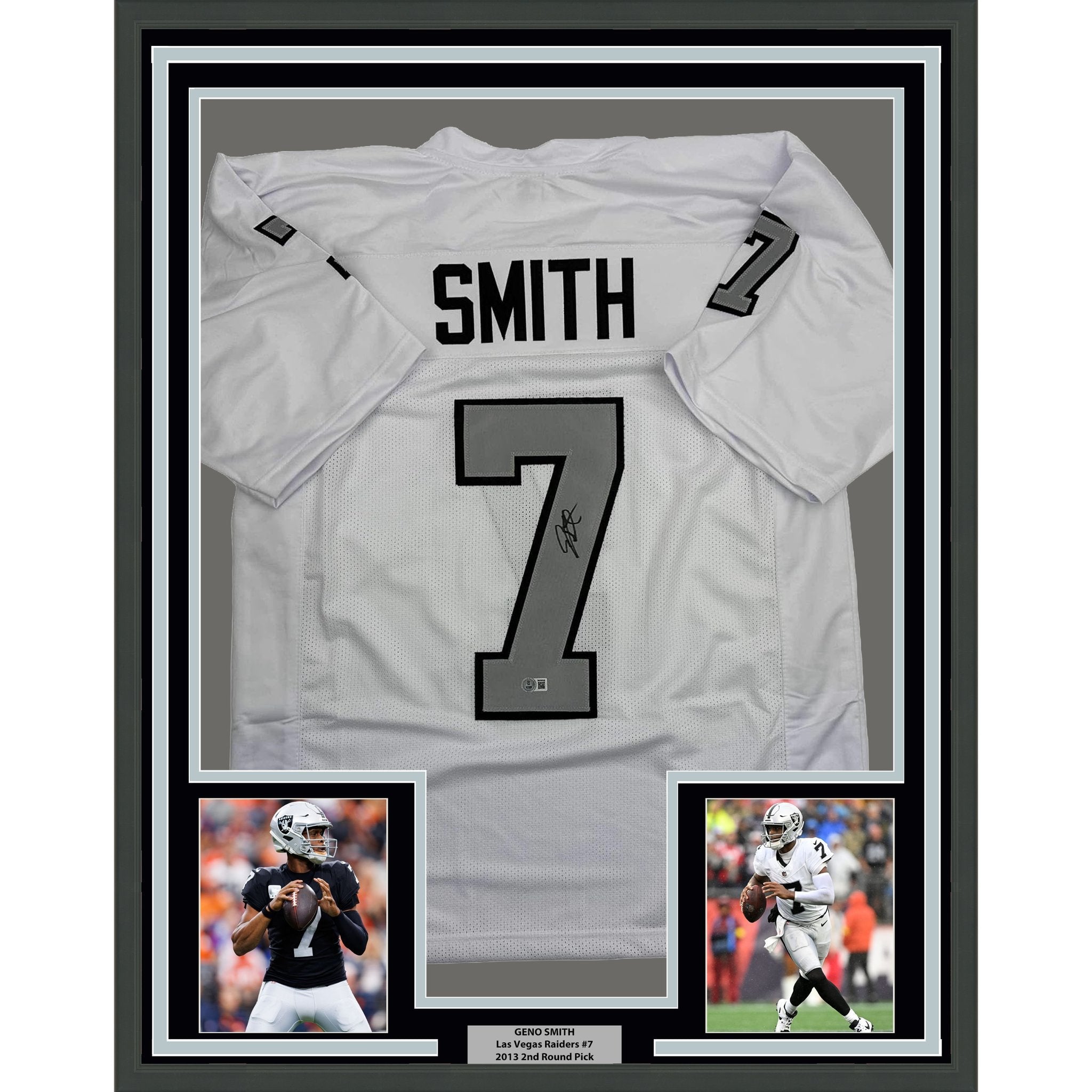 Framed Autographed/Signed Geno Smith 35x39 Oakland White Color Rush Football Jersey Beckett BAS COA