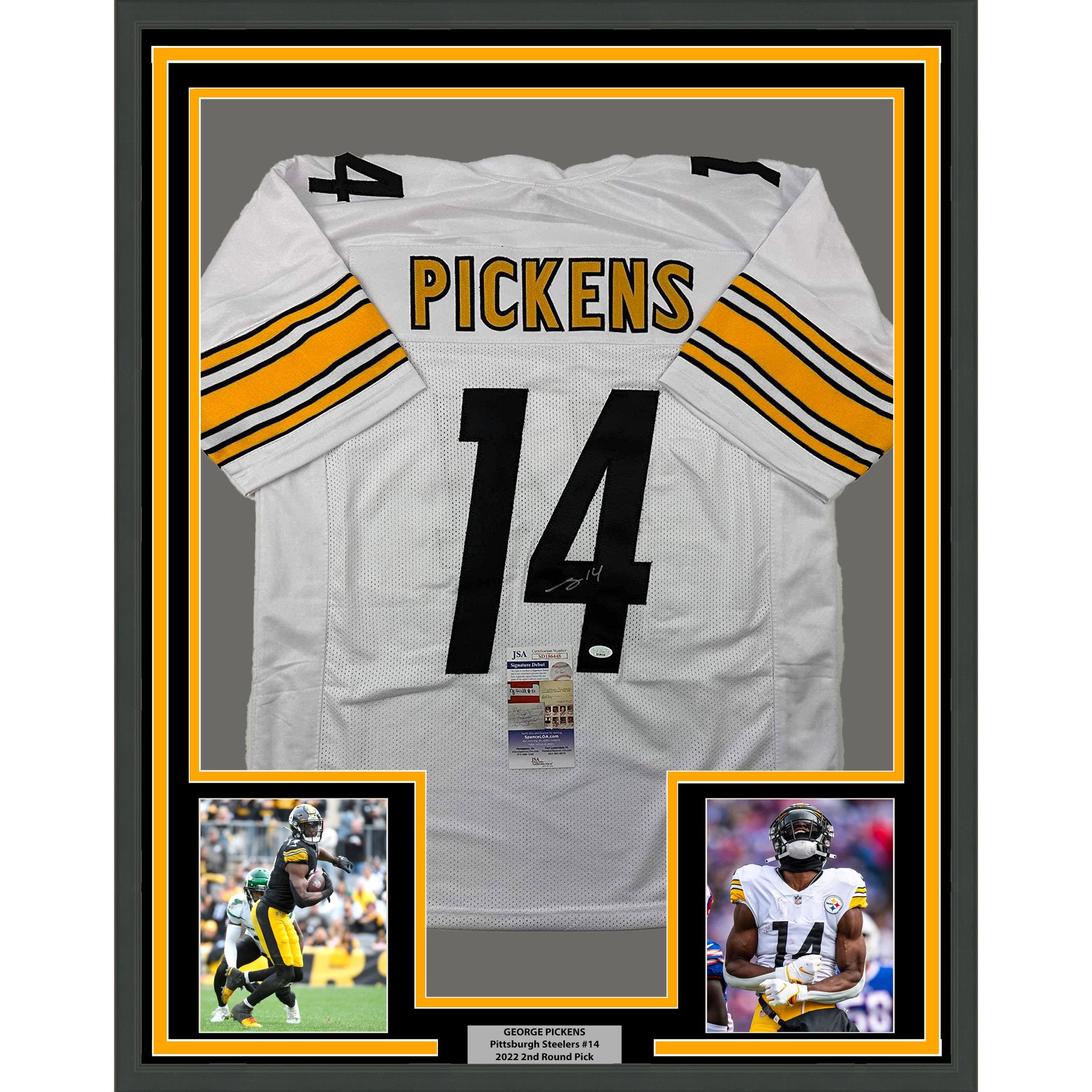 Framed Autographed/Signed George Pickens 35x39 Pittsburgh White Football Jersey JSA COA