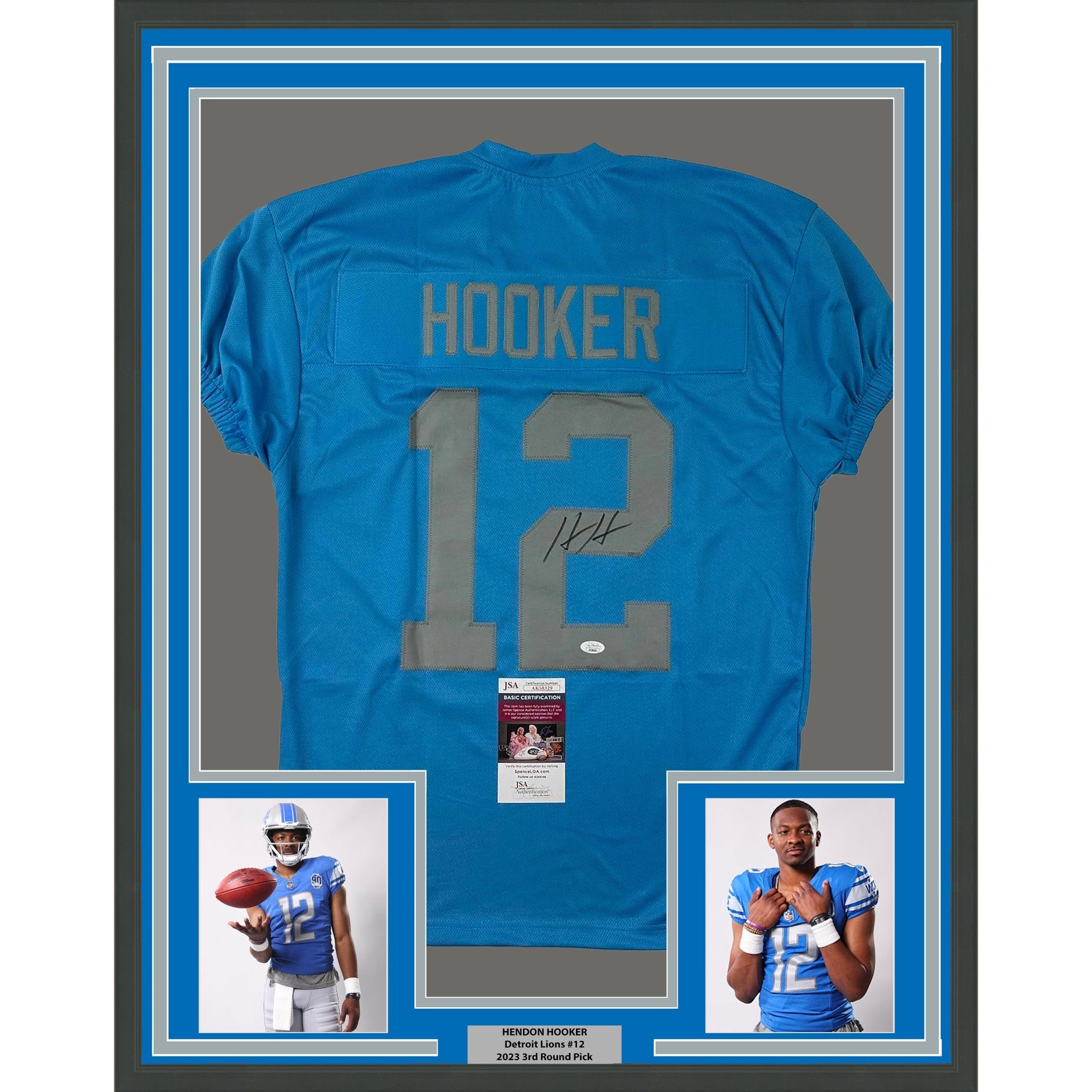 Framed Autographed/Signed Hendon Hooker 35x39 Detroit Retro Blue Football Jersey JSA COA
