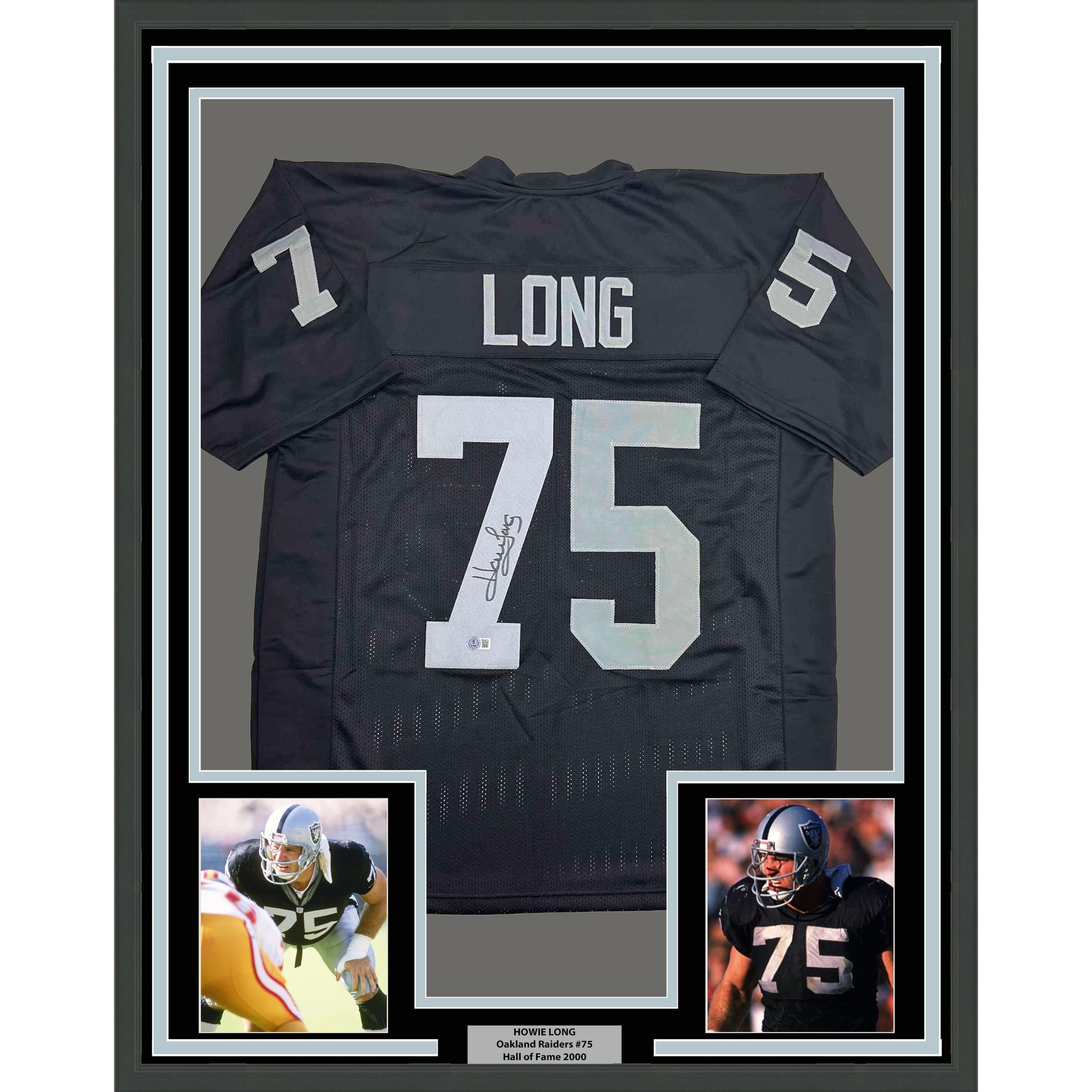 Framed Autographed/Signed Howie Long 35x39 Oakland White Football Jersey Beckett BAS COA