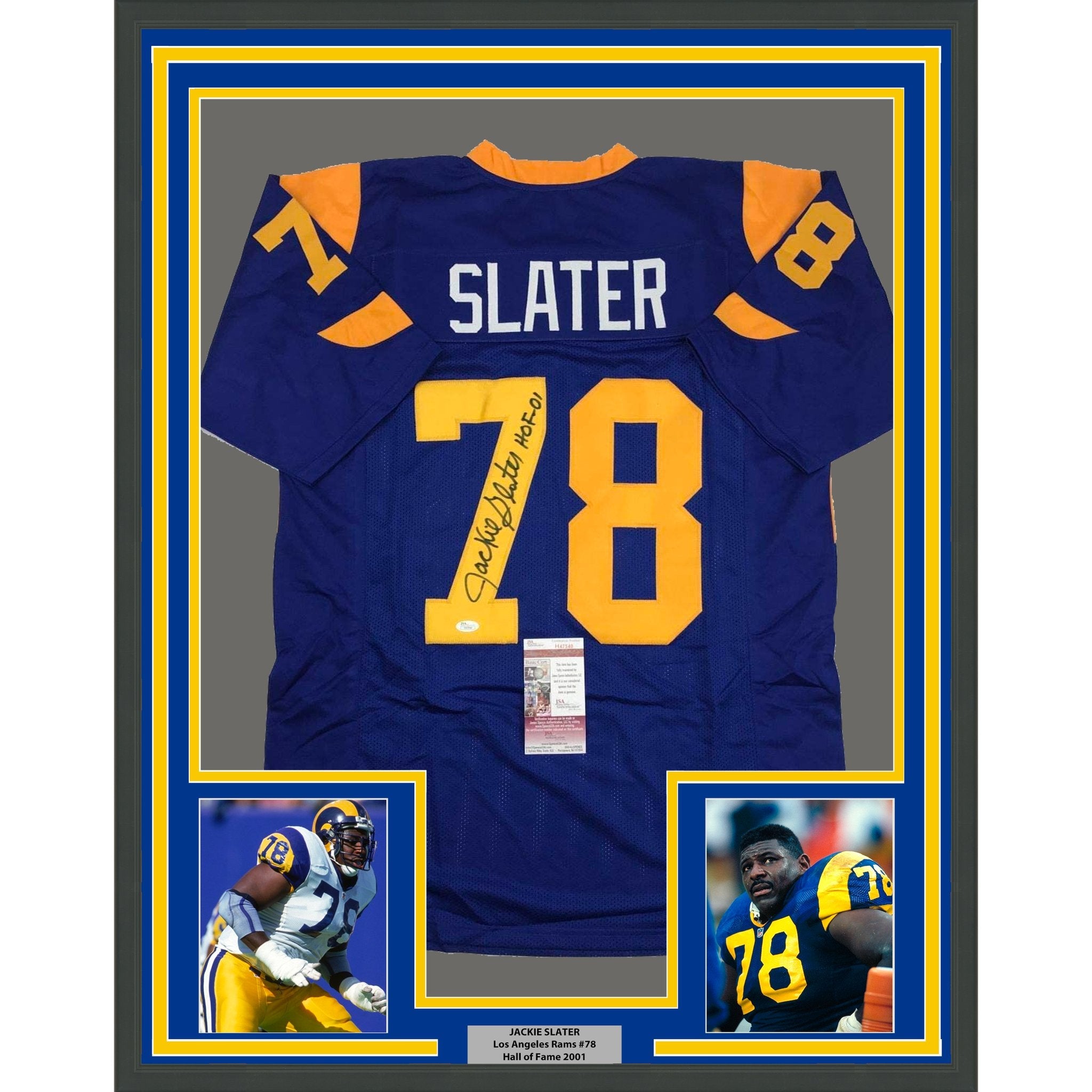 Framed Autographed/Signed Jackie Slater 35x39 HOF 01 Los Angeles LA Retro Blue Football Jersey JSA COA