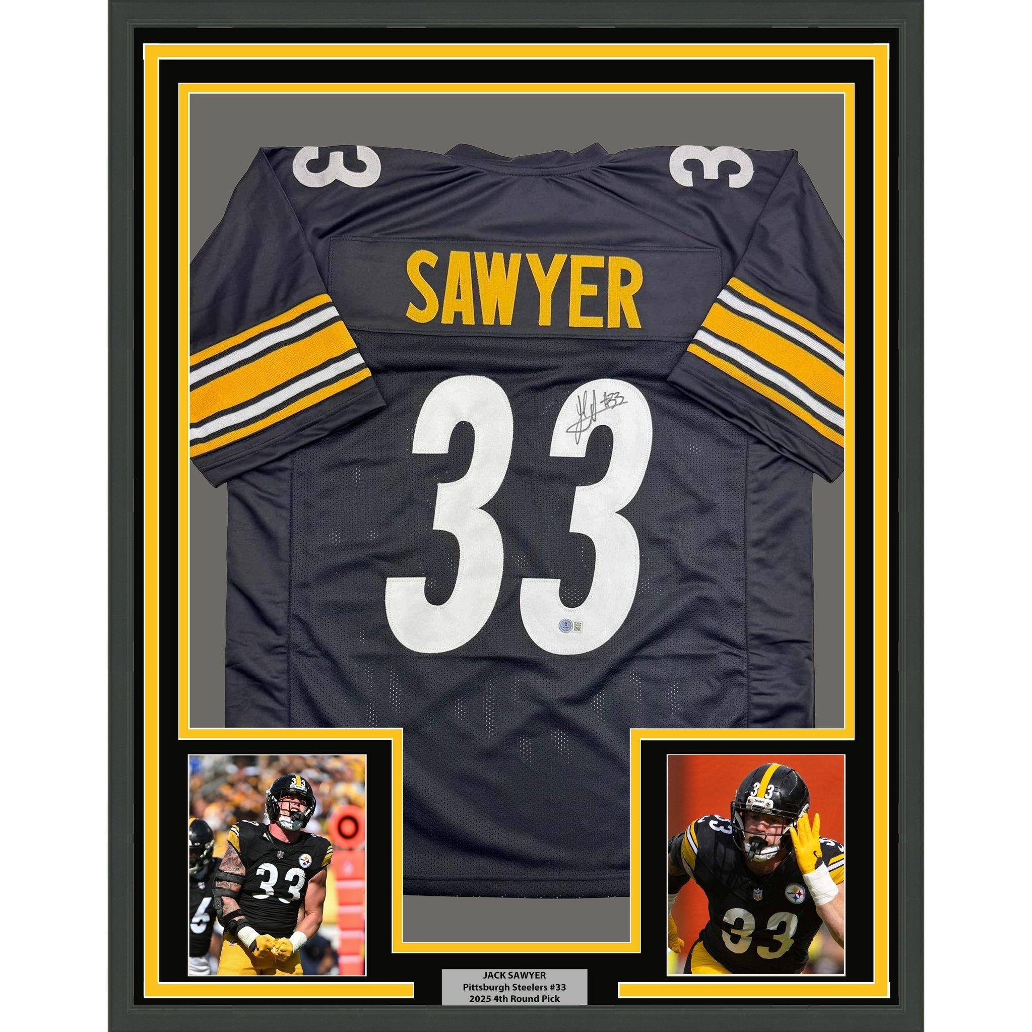 Framed Autographed/Signed Jack Sawyer 35x39 Pittsburgh Black Football Jersey Beckett BAS COA