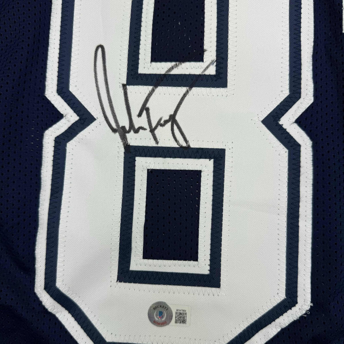 Framed Autographed/Signed Jake Ferguson 35x39 Dallas Blue Football Jersey Beckett BAS COA