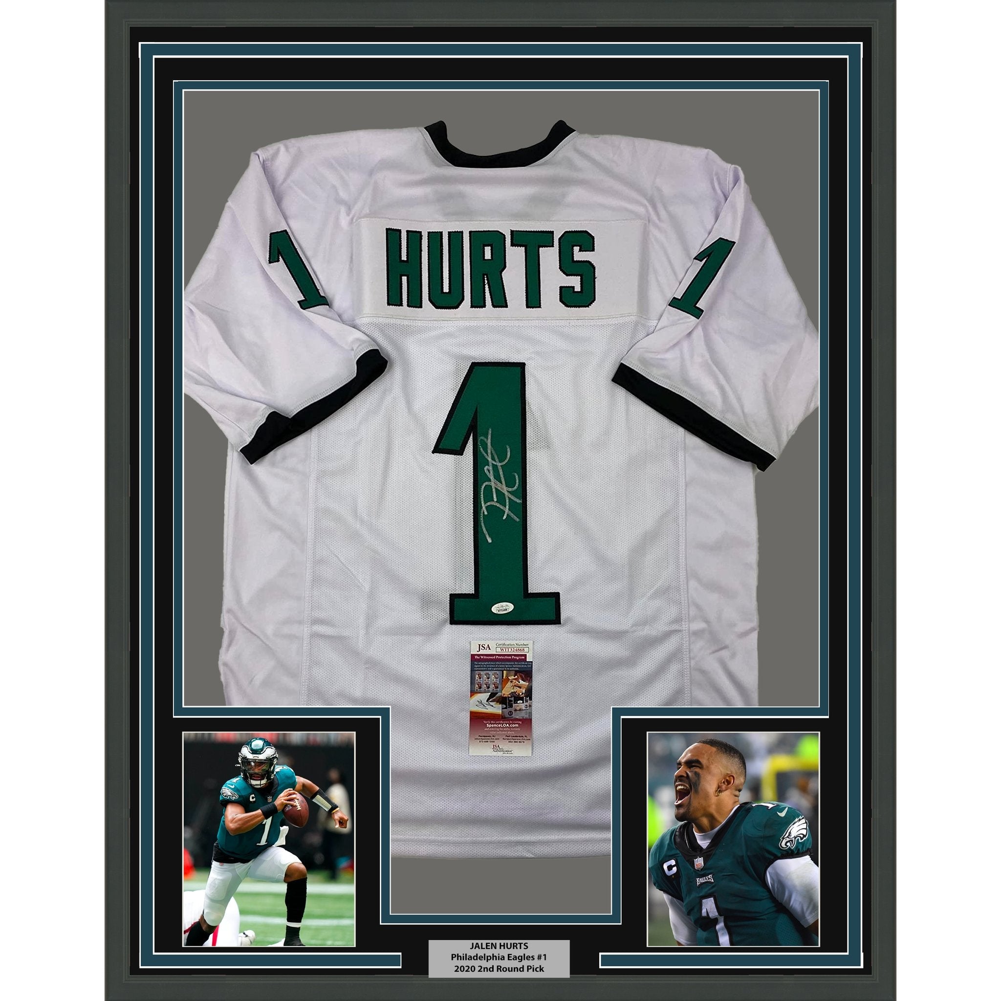 Framed Autographed/Signed Jalen Hurts 35x39 #1 Philadelphia White Football Jersey JSA COA