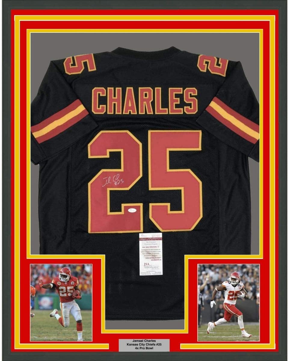 Framed Autographed/Signed Jamaal Charles 35x39 Kansas City Black Football Jersey JSA COA