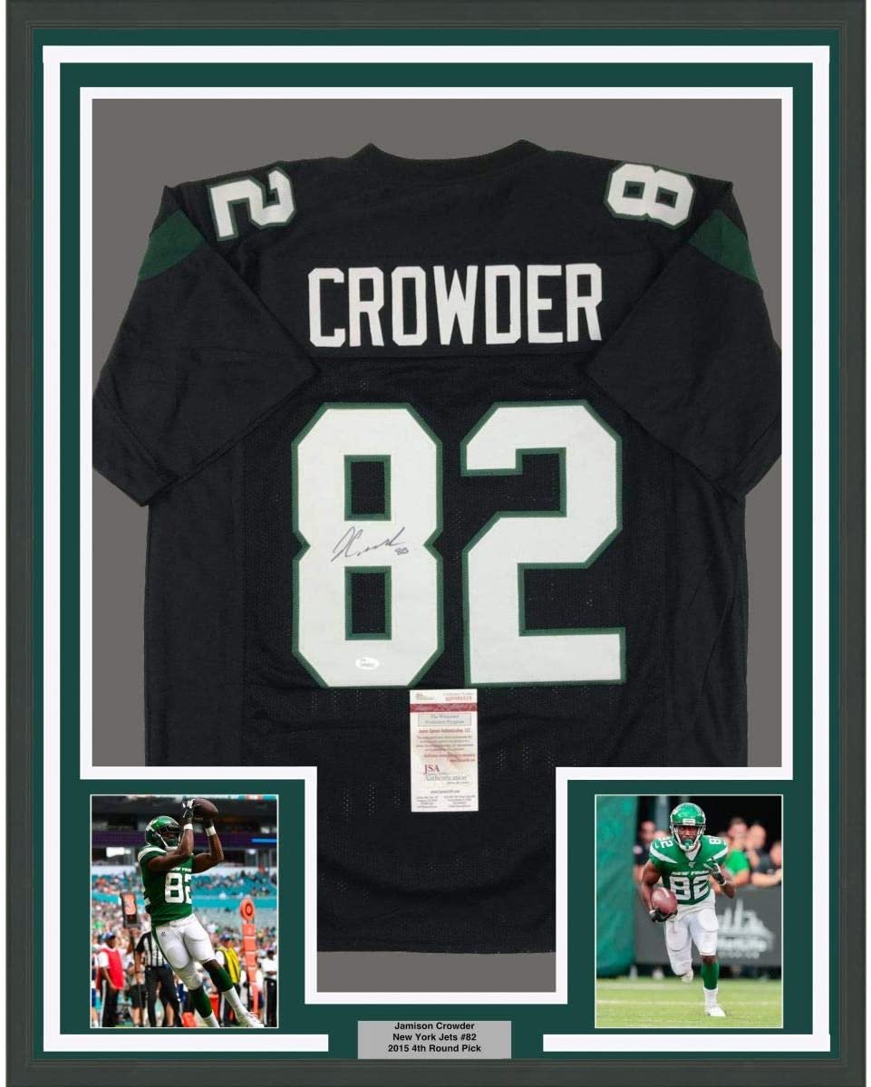 Framed Autographed/Signed Jamison Crowder 35x39 New York Black Football Jersey JSA COA