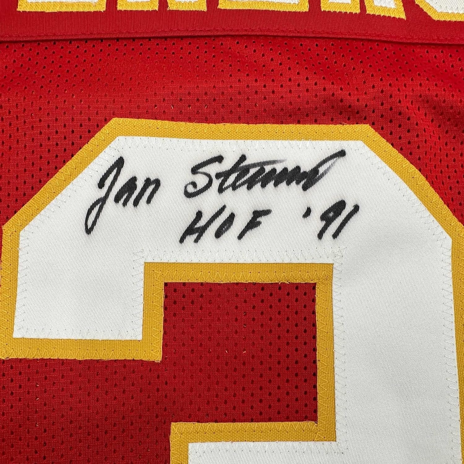 Framed Autographed/Signed Jan Stenerud 35x39 HOF 91 Kansas City Red Football Jersey JSA COA