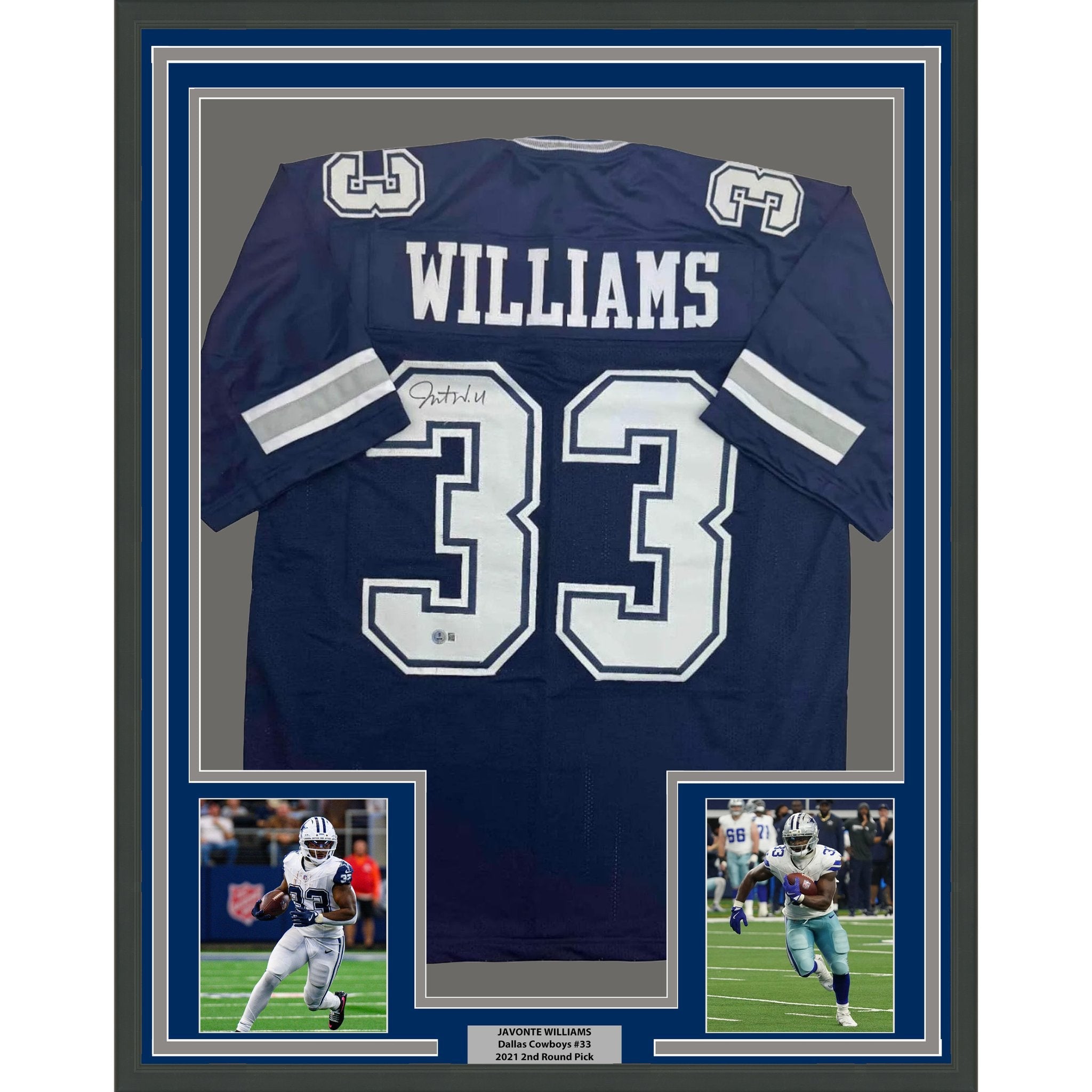 Framed Autographed/Signed Javonte Williams 35x39 Dallas Blue Football Jersey Beckett BAS COA