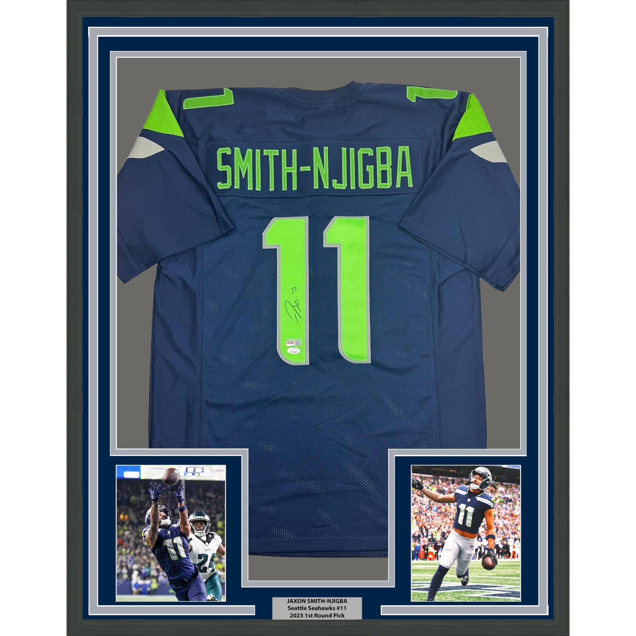 Framed Autographed/Signed Jaxon Smith-Njigba 35x39 Seattle Blue Football Jersey Beckett BAS COA