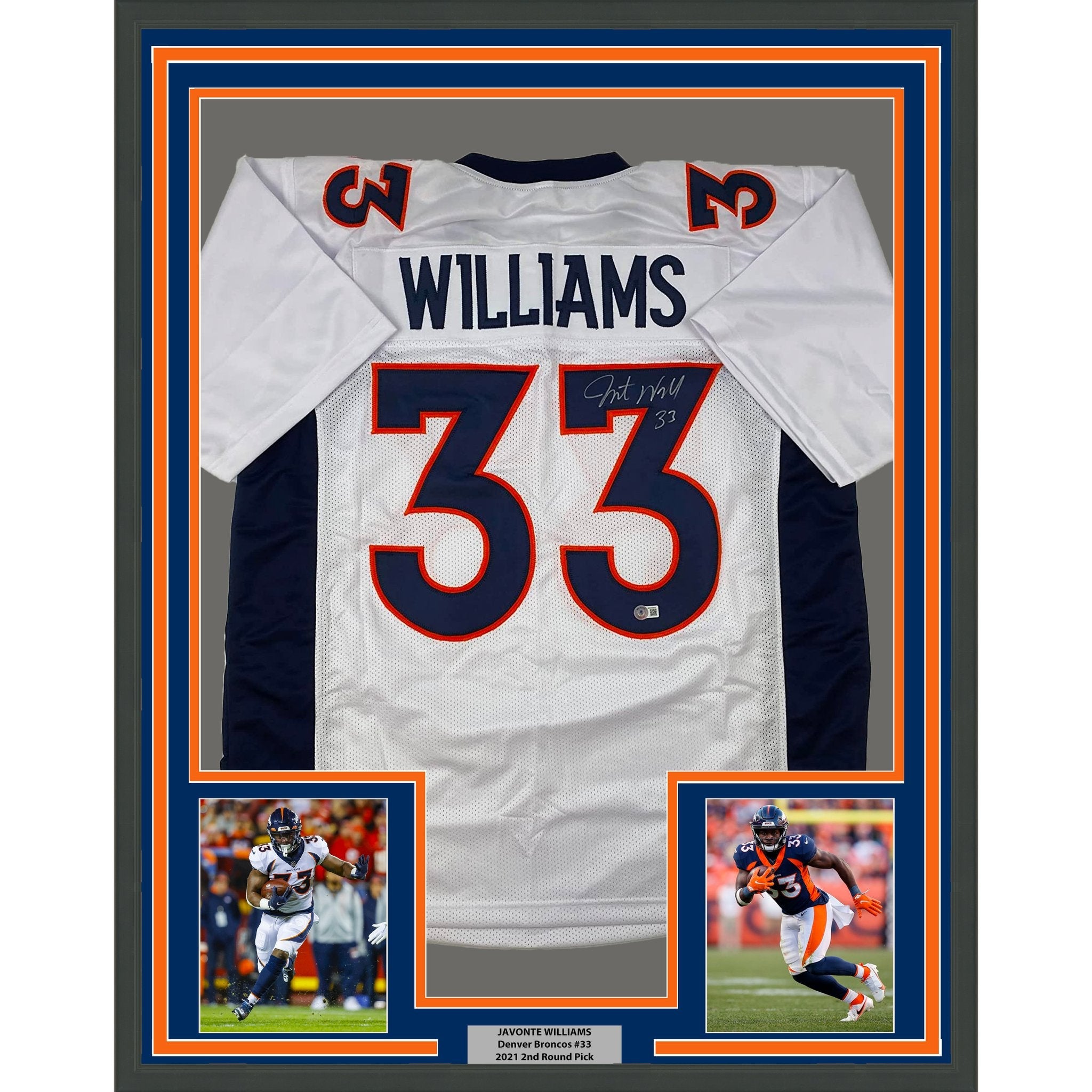 Framed Autographed/Signed Javonte Williams 35x39 Denver White Football Jersey Beckett BAS COA