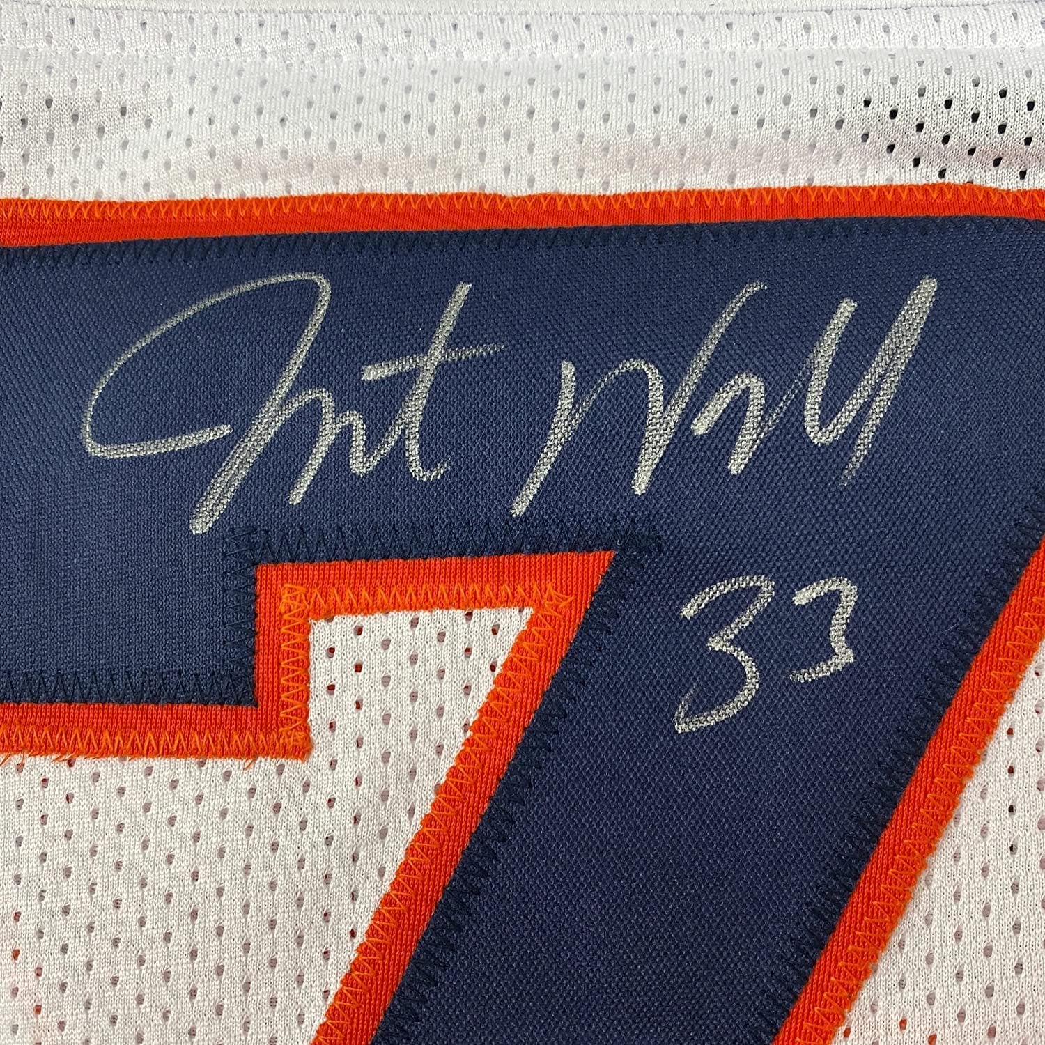 Framed Autographed/Signed Javonte Williams 35x39 Denver White Football Jersey Beckett BAS COA