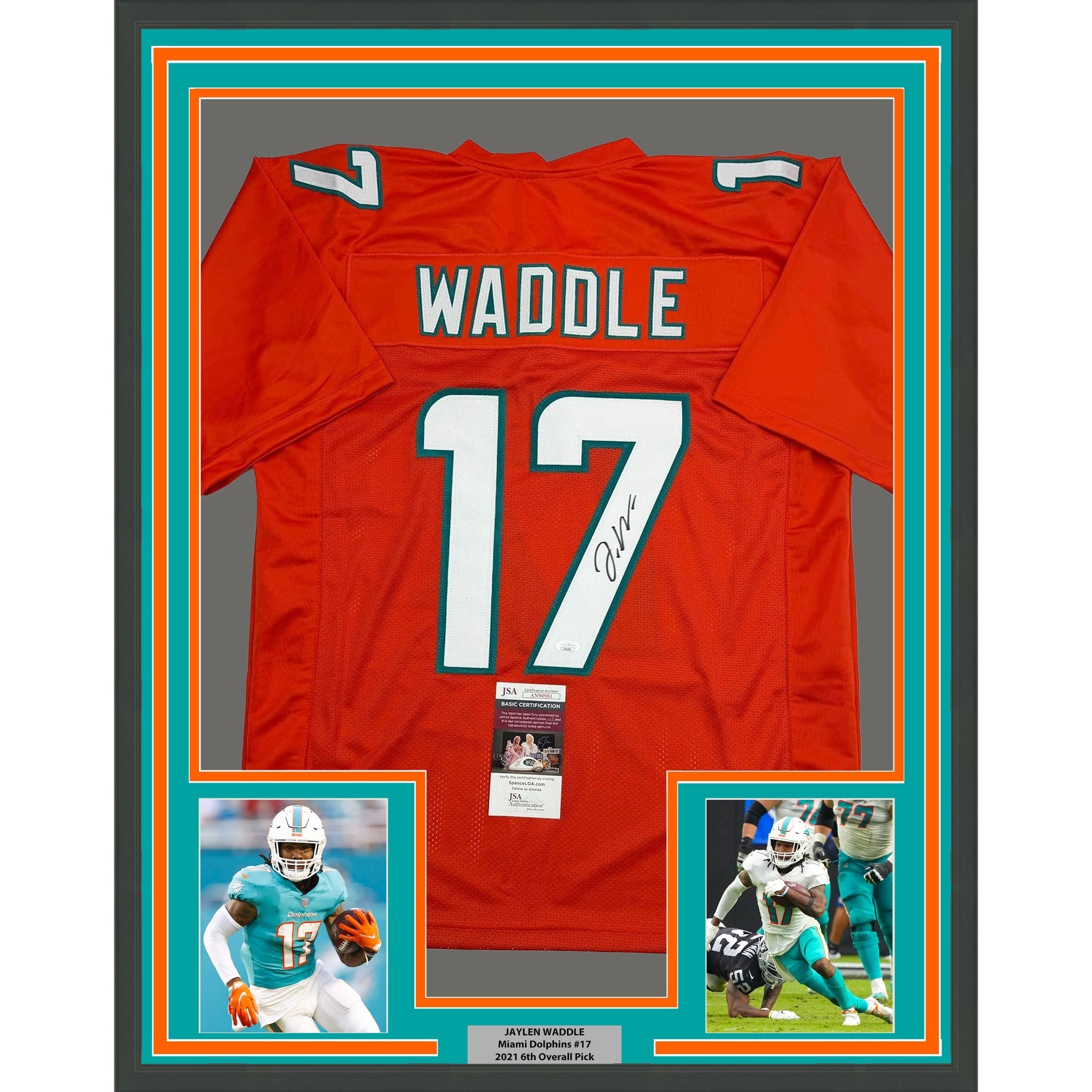 Framed Autographed/Signed Jaylen Waddle 35x39 Miami Orange Football Jersey JSA COA