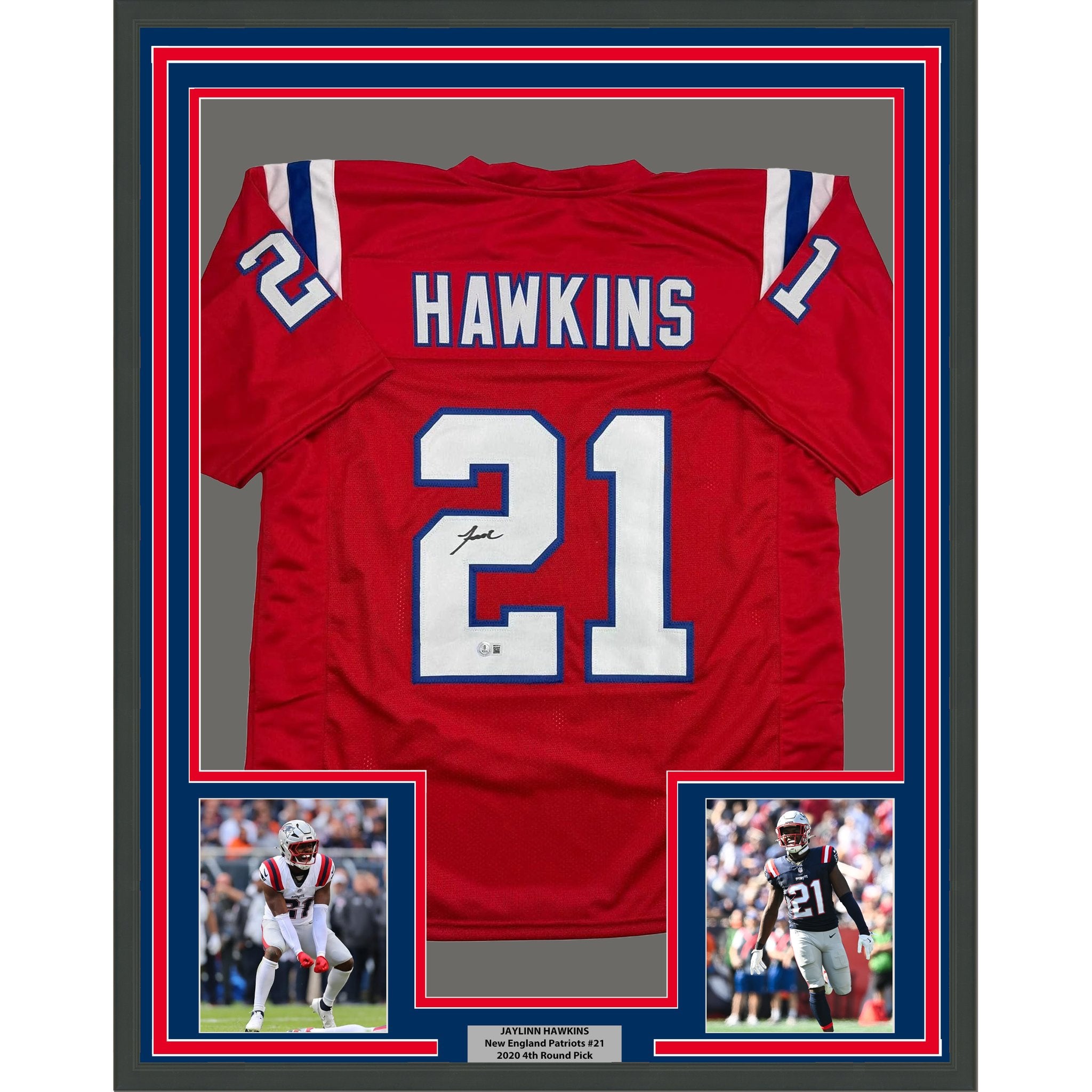 Framed Autographed/Signed Jaylinn Hawkins 35x39 New England Red Football Jersey Beckett BAS COA