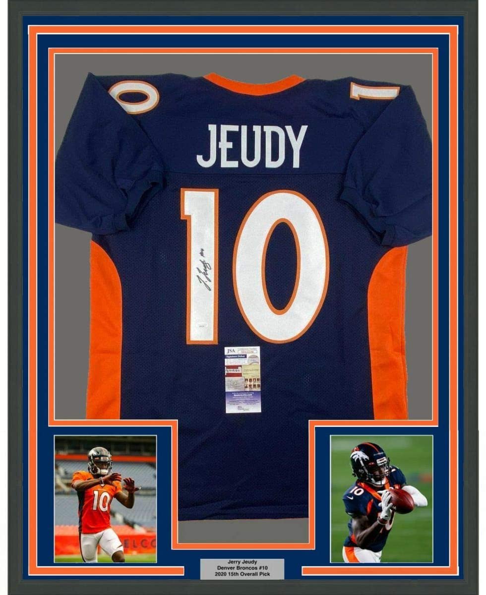 Framed Autographed/Signed Jerry Jeudy 35x39 Denver Blue Football Jersey JSA COA