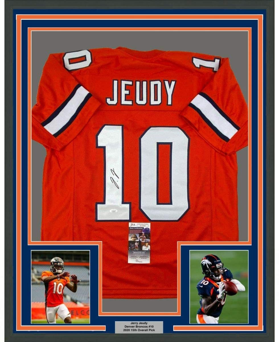 Framed Autographed/Signed Jerry Jeudy 35x39 Denver Retro Orange Football Jersey JSA COA