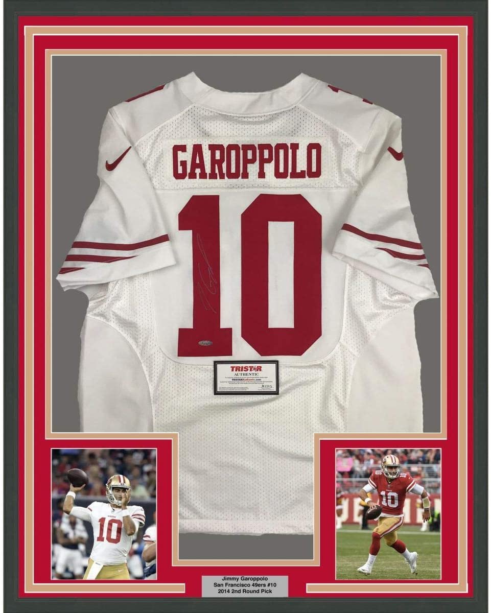 Framed Autographed/Signed Jimmy Garoppolo 35x39 San Francisco White Football Jersey Tristar COA