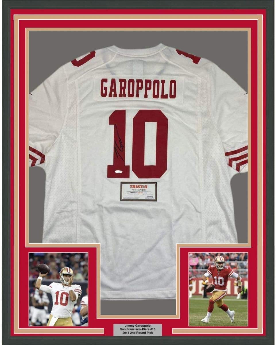 Framed Autographed/Signed Jimmy Garoppolo 35x39 San Francisco White Football Jersey Tristar COA