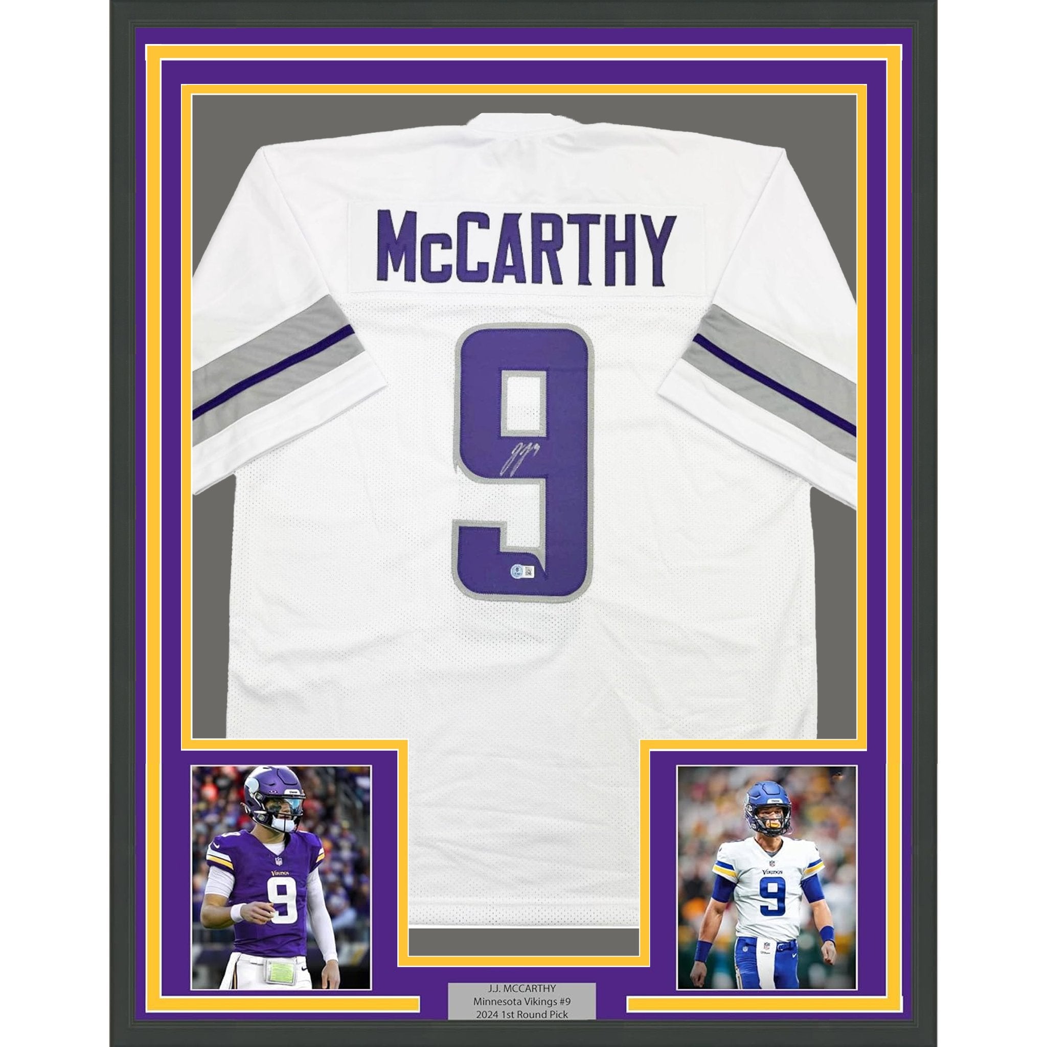 Framed Autographed/Signed J.J. JJ McCarthy 35x39 Minnesota Winter Warrior White Football Jersey Beckett BAS COA