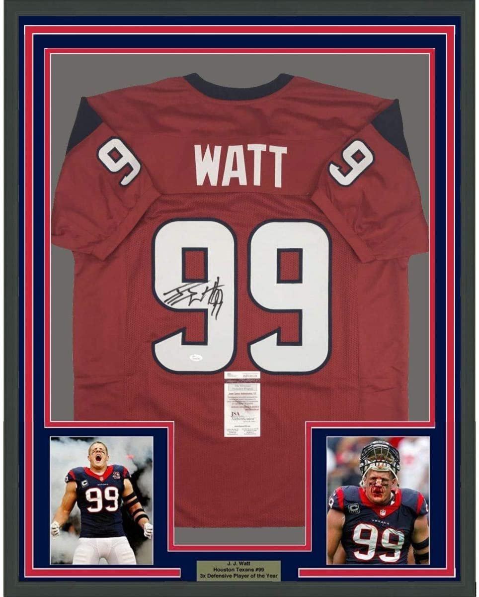 Framed Autographed/Signed J.J. JJ Watt 35x39 Houston Red Football Jersey JSA COA