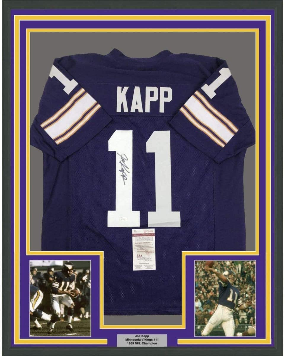 Framed Autographed/Signed Joe Kapp 35x39 Minnesota Purple Football Jersey JSA COA