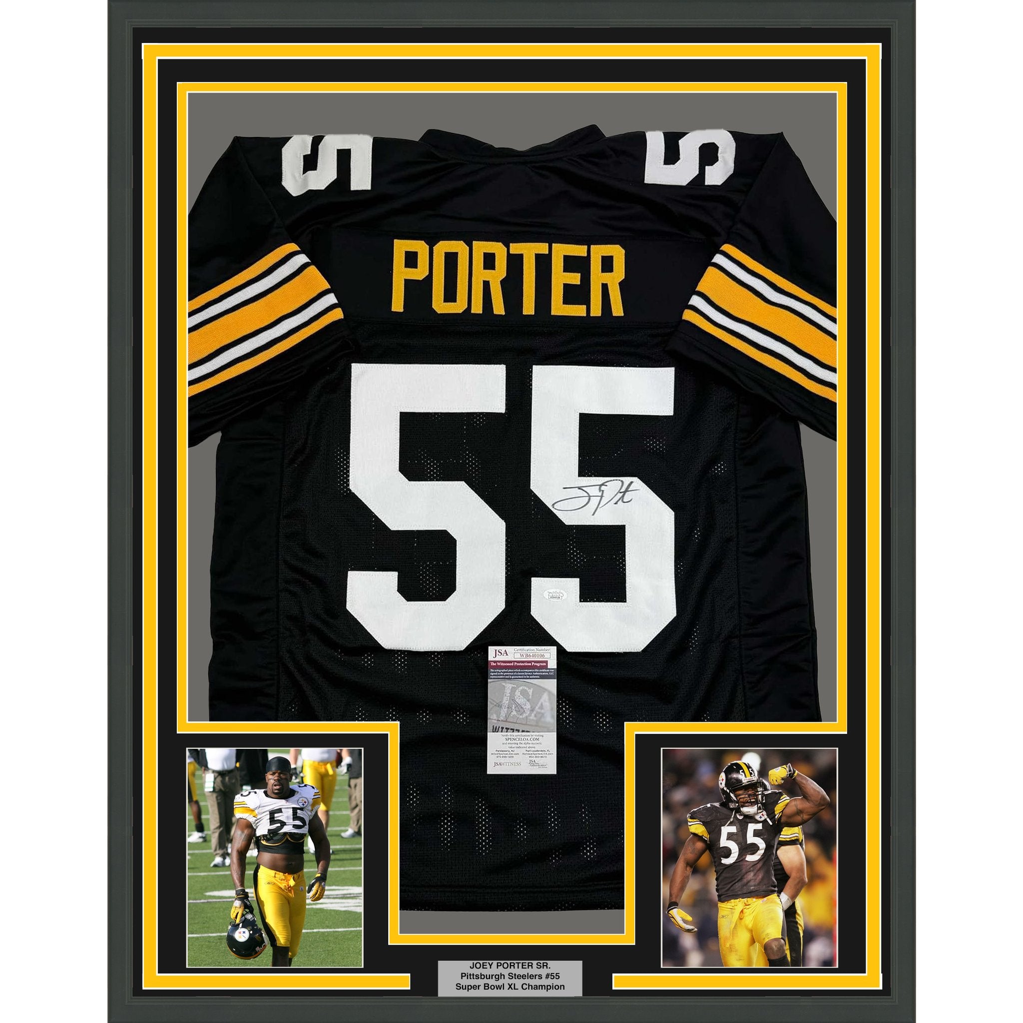 Framed Autographed/Signed Joey Porter Sr. 35x39 Pittsburgh Black Football Jersey JSA COA #2