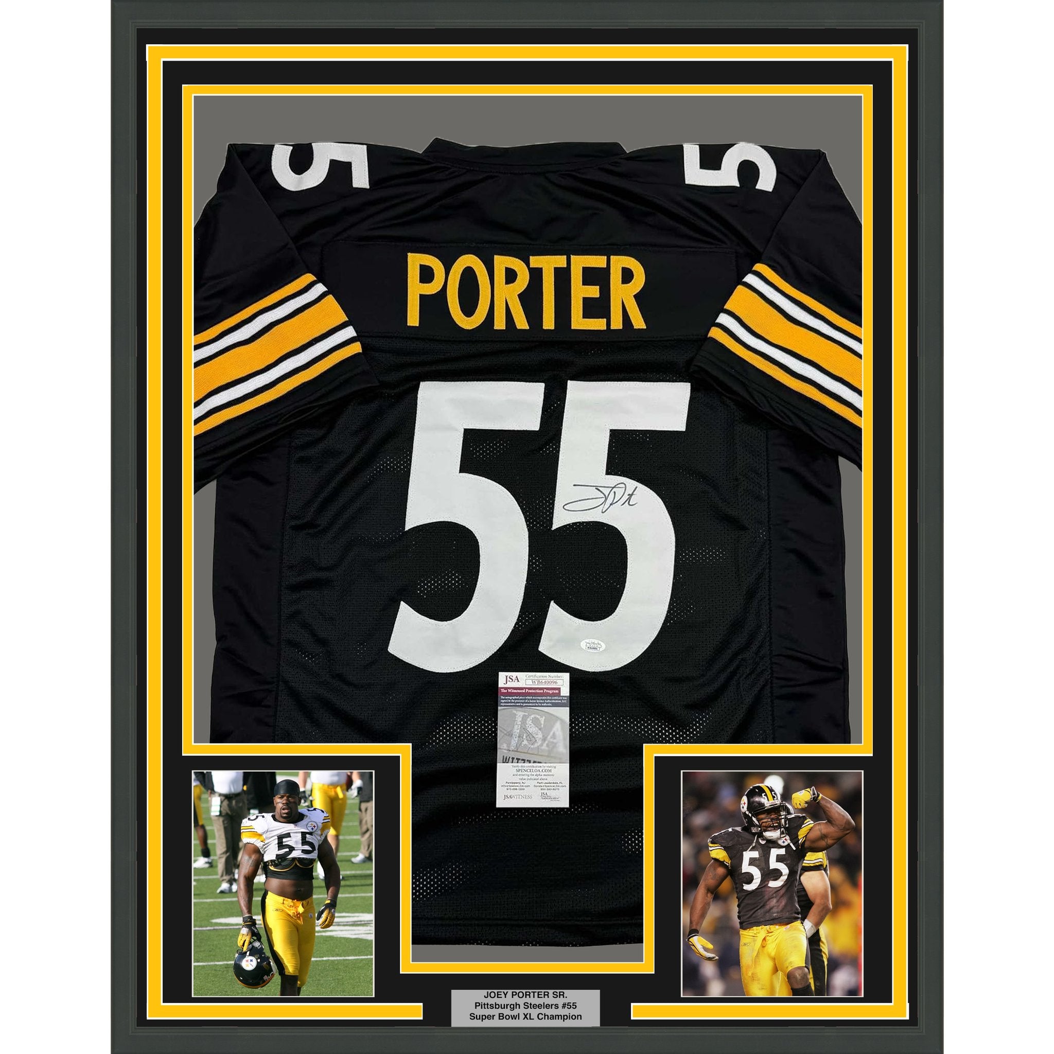 Framed Autographed/Signed Joey Porter Sr. 35x39 Pittsburgh Black Football Jersey JSA COA