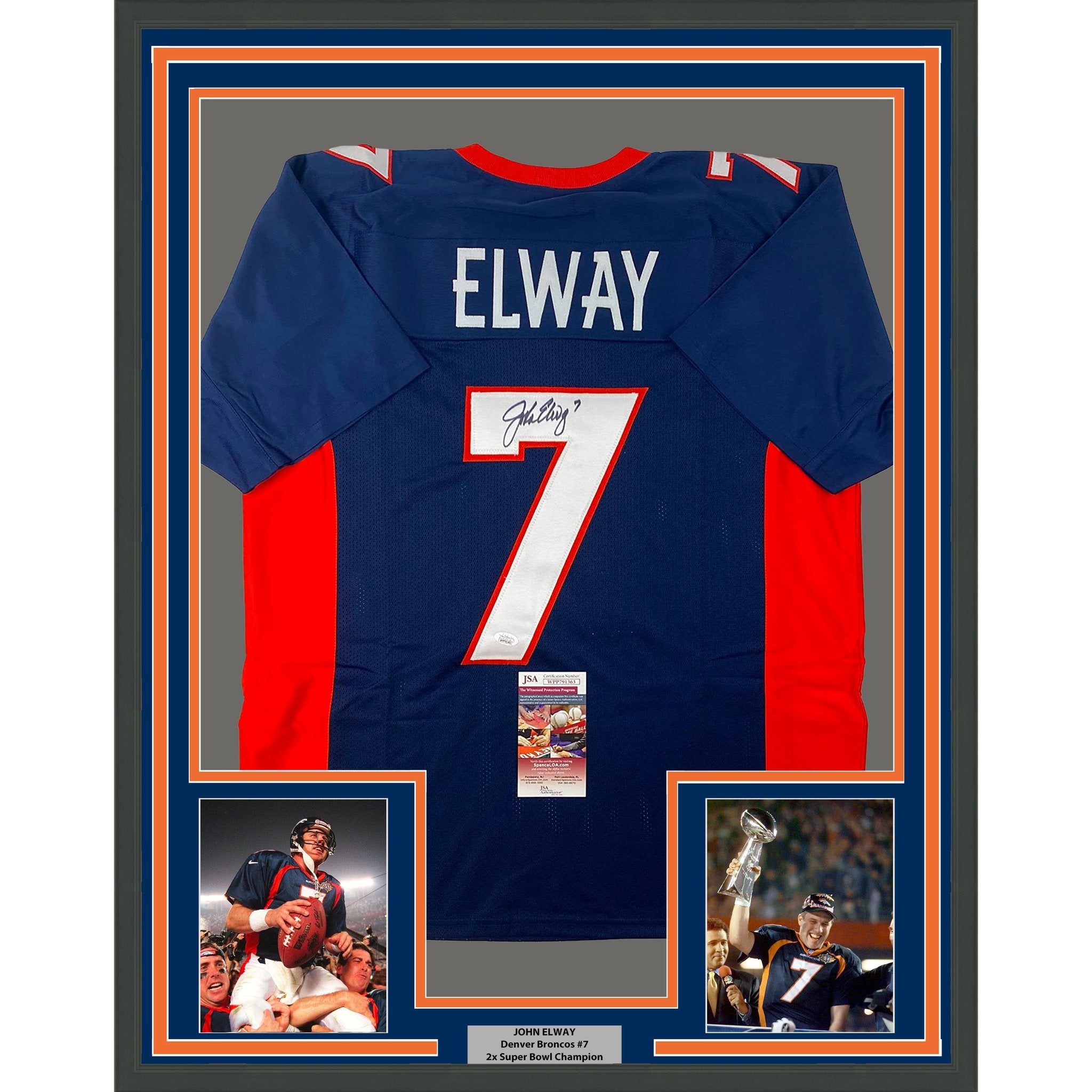 Framed Autographed/Signed John Elway 35x39 Denver Blue Football Jersey JSA COA