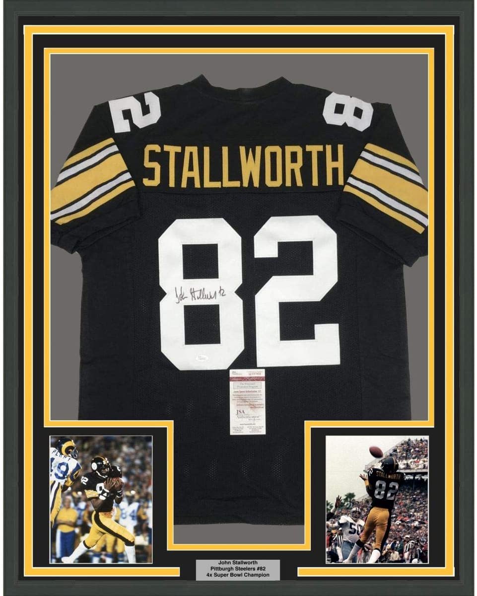 Framed Autographed/Signed John Stallworth 35x39 Pittsburgh Black Football Jersey JSA COA